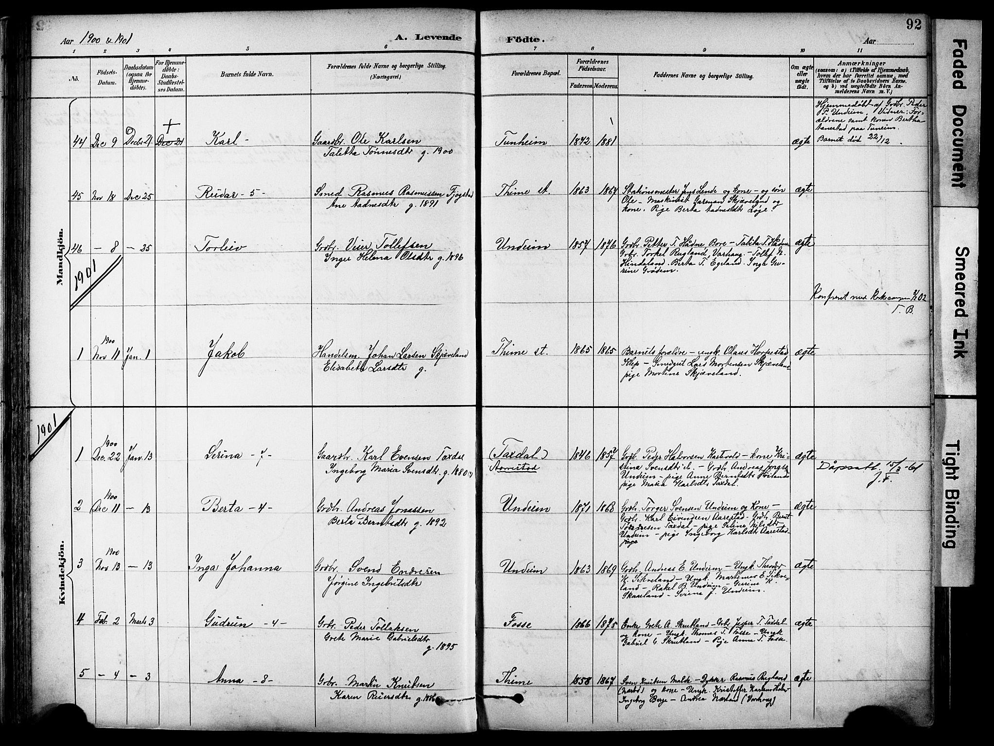Lye sokneprestkontor, SAST/A-101794/001/30BA/L0011: Parish register (official) no. A 9, 1893-1903, p. 92