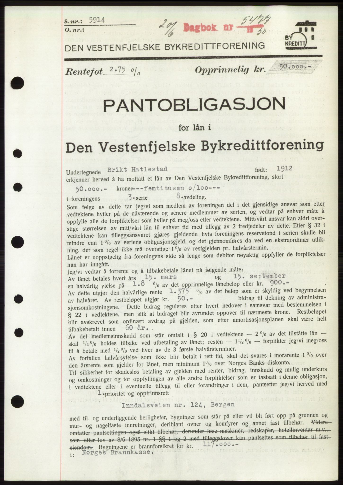 Byfogd og Byskriver i Bergen, AV/SAB-A-3401/03/03Bd/L0003: Mortgage book no. B29-39, 1947-1950, Diary no: : 5477/1950