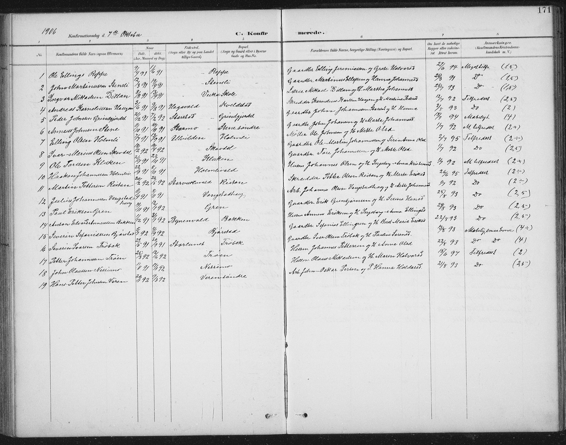 Ministerialprotokoller, klokkerbøker og fødselsregistre - Nord-Trøndelag, SAT/A-1458/724/L0269: Parish register (copy) no. 724C05, 1899-1920, p. 171