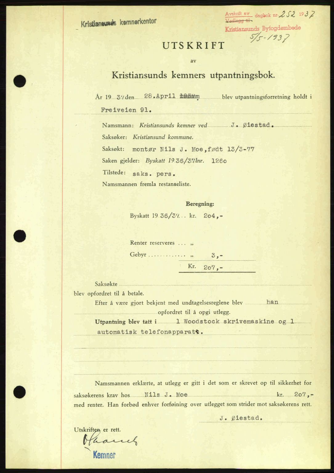 Kristiansund byfogd, AV/SAT-A-4587/A/27: Mortgage book no. 29, 1936-1937, Diary no: : 252/1937