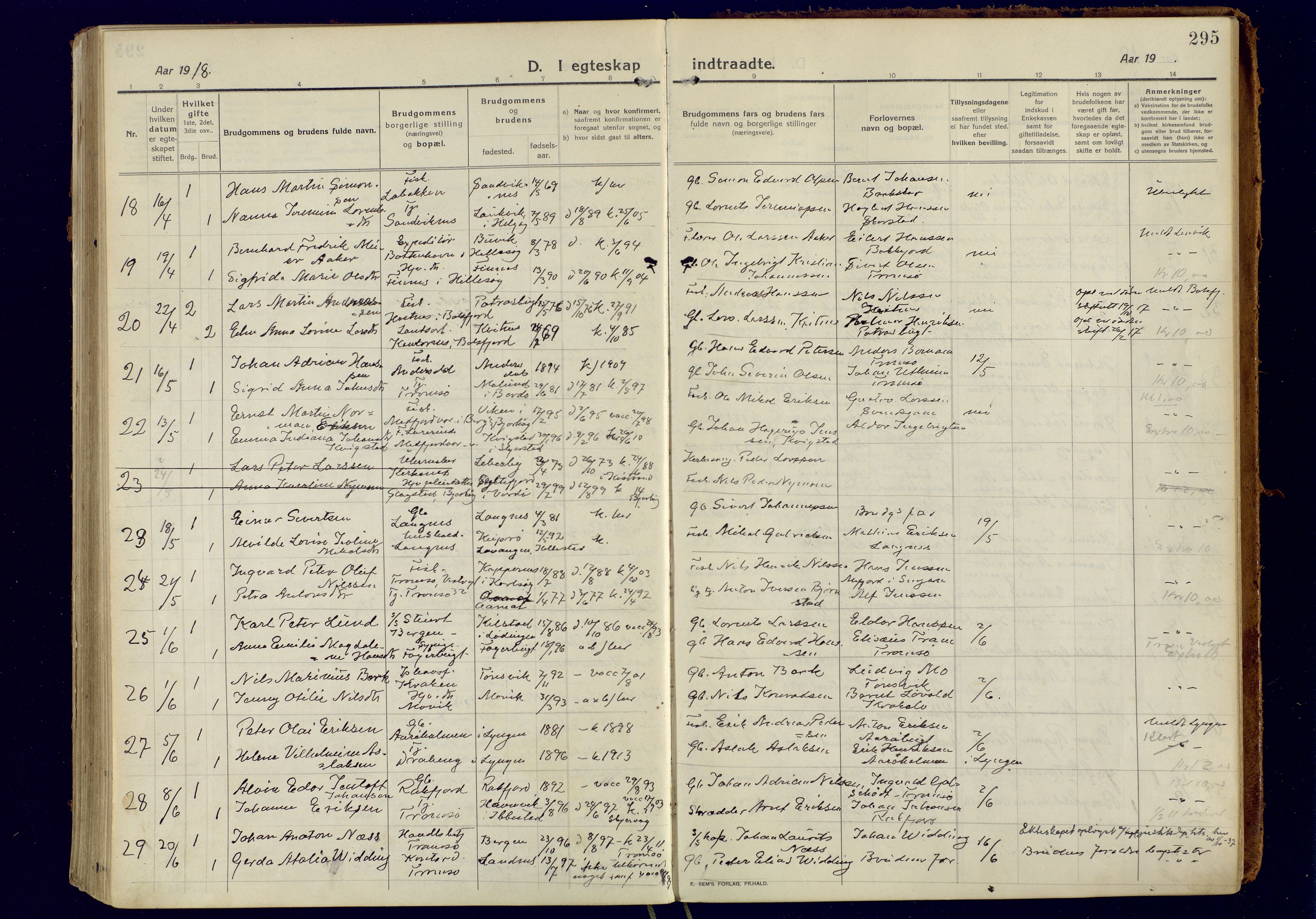 Tromsøysund sokneprestkontor, SATØ/S-1304/G/Ga/L0008kirke: Parish register (official) no. 8, 1914-1922, p. 295