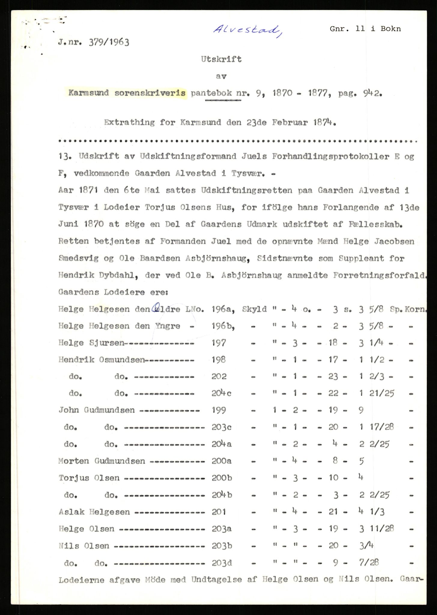 Statsarkivet i Stavanger, SAST/A-101971/03/Y/Yj/L0001: Avskrifter sortert etter gårdsnavn: Abeland - Alvs-Eike, 1750-1930, p. 443