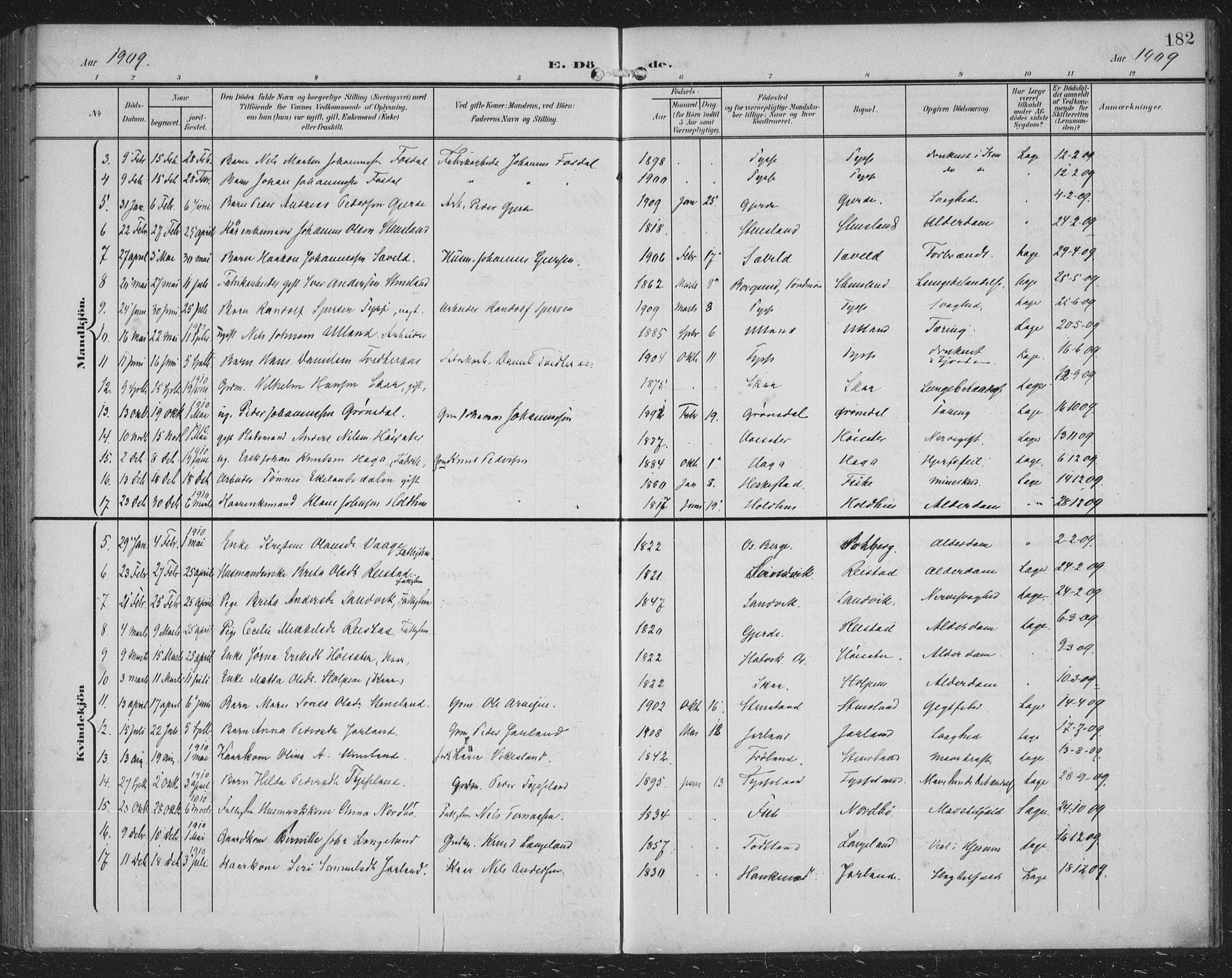 Samnanger Sokneprestembete, AV/SAB-A-77501/H/Haa: Parish register (official) no. A 2, 1902-1918, p. 182