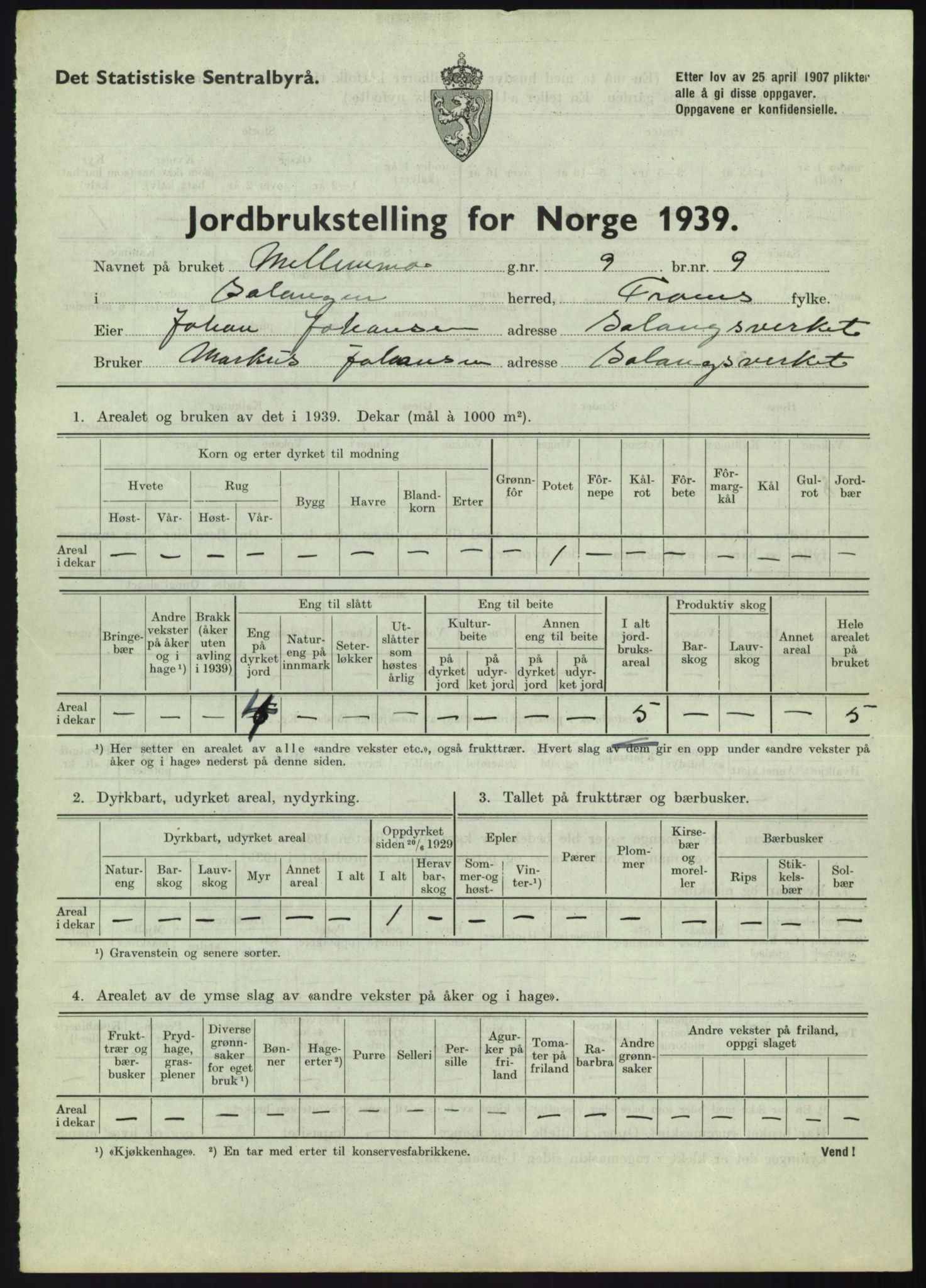 Statistisk sentralbyrå, Næringsøkonomiske emner, Jordbruk, skogbruk, jakt, fiske og fangst, AV/RA-S-2234/G/Gb/L0340: Troms: Salangen og Dyrøy, 1939, p. 126