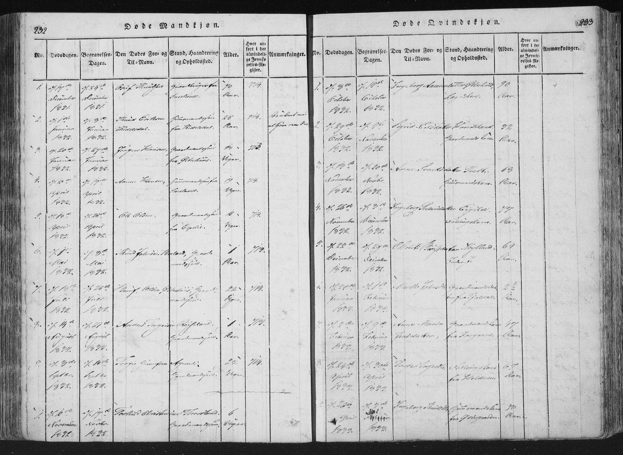 Åseral sokneprestkontor, AV/SAK-1111-0051/F/Fa/L0001: Parish register (official) no. A 1, 1815-1853, p. 232-233