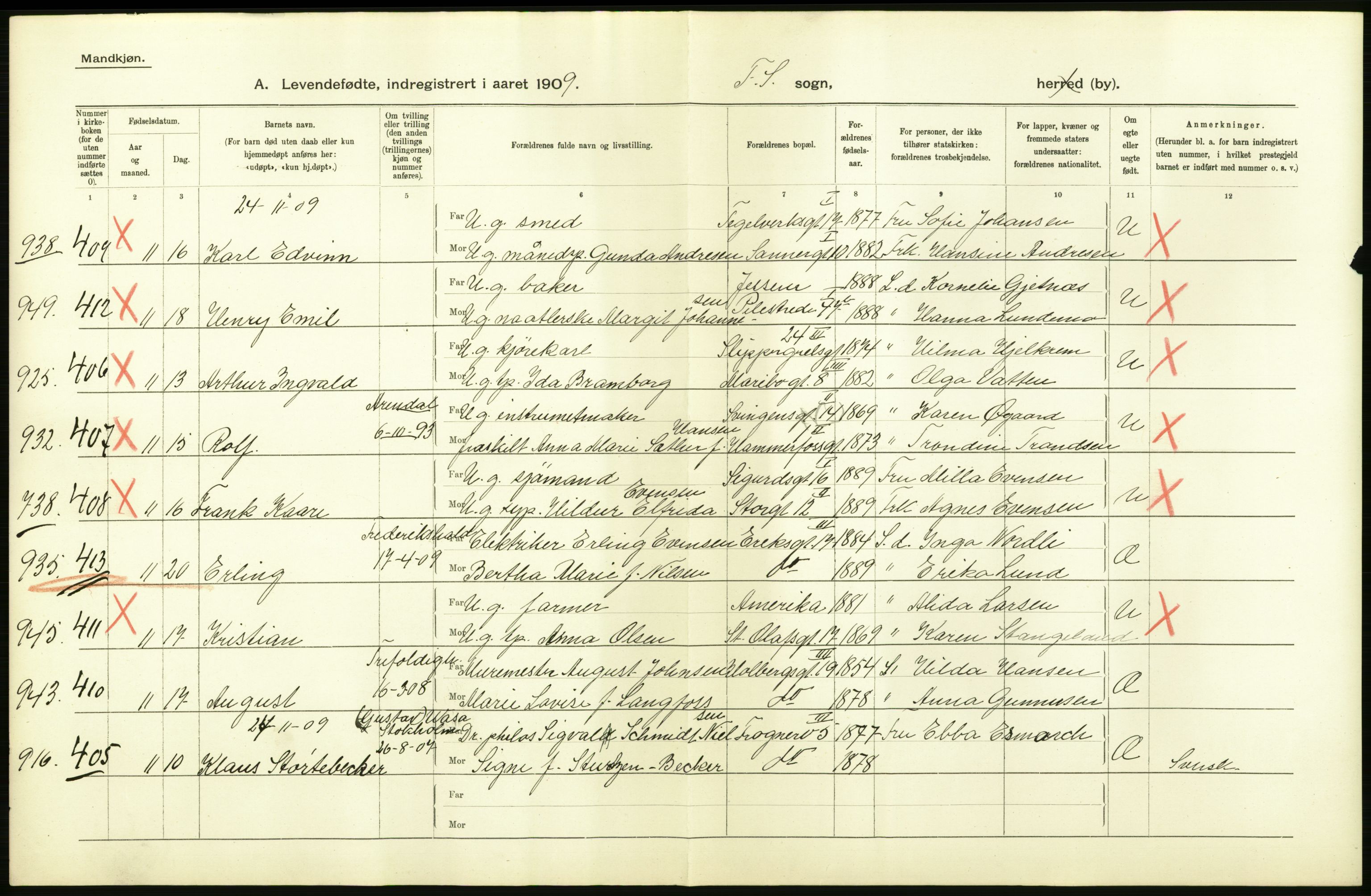 Statistisk sentralbyrå, Sosiodemografiske emner, Befolkning, AV/RA-S-2228/D/Df/Dfa/Dfag/L0006: Kristiania: Levendefødte menn og kvinner., 1909, p. 16