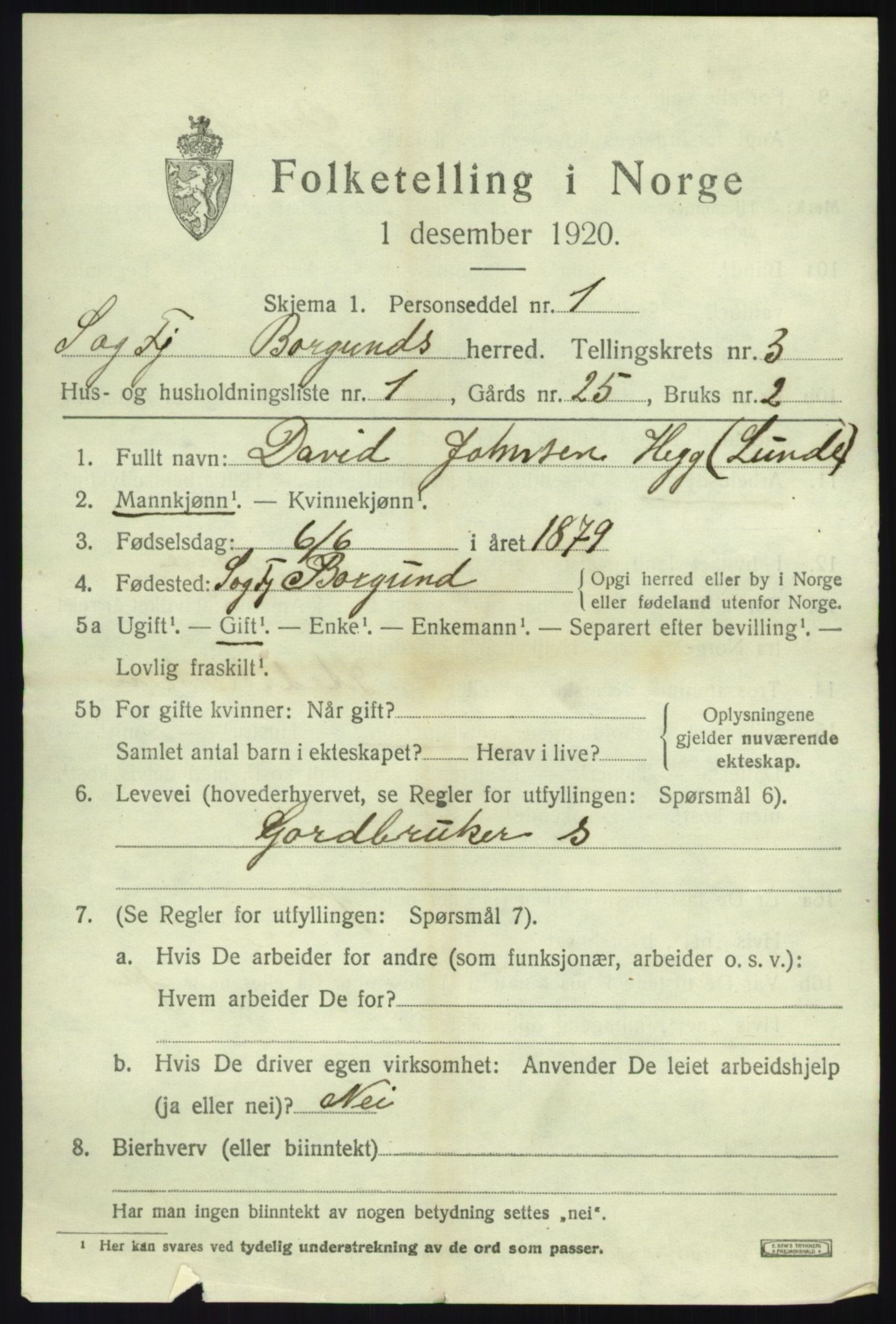 SAB, 1920 census for Borgund, 1920, p. 1090