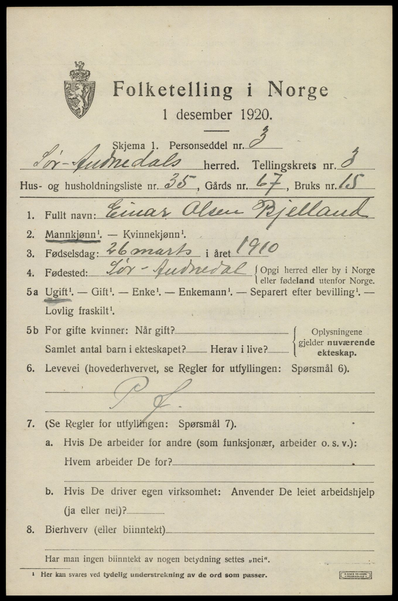 SAK, 1920 census for Sør-Audnedal, 1920, p. 2127