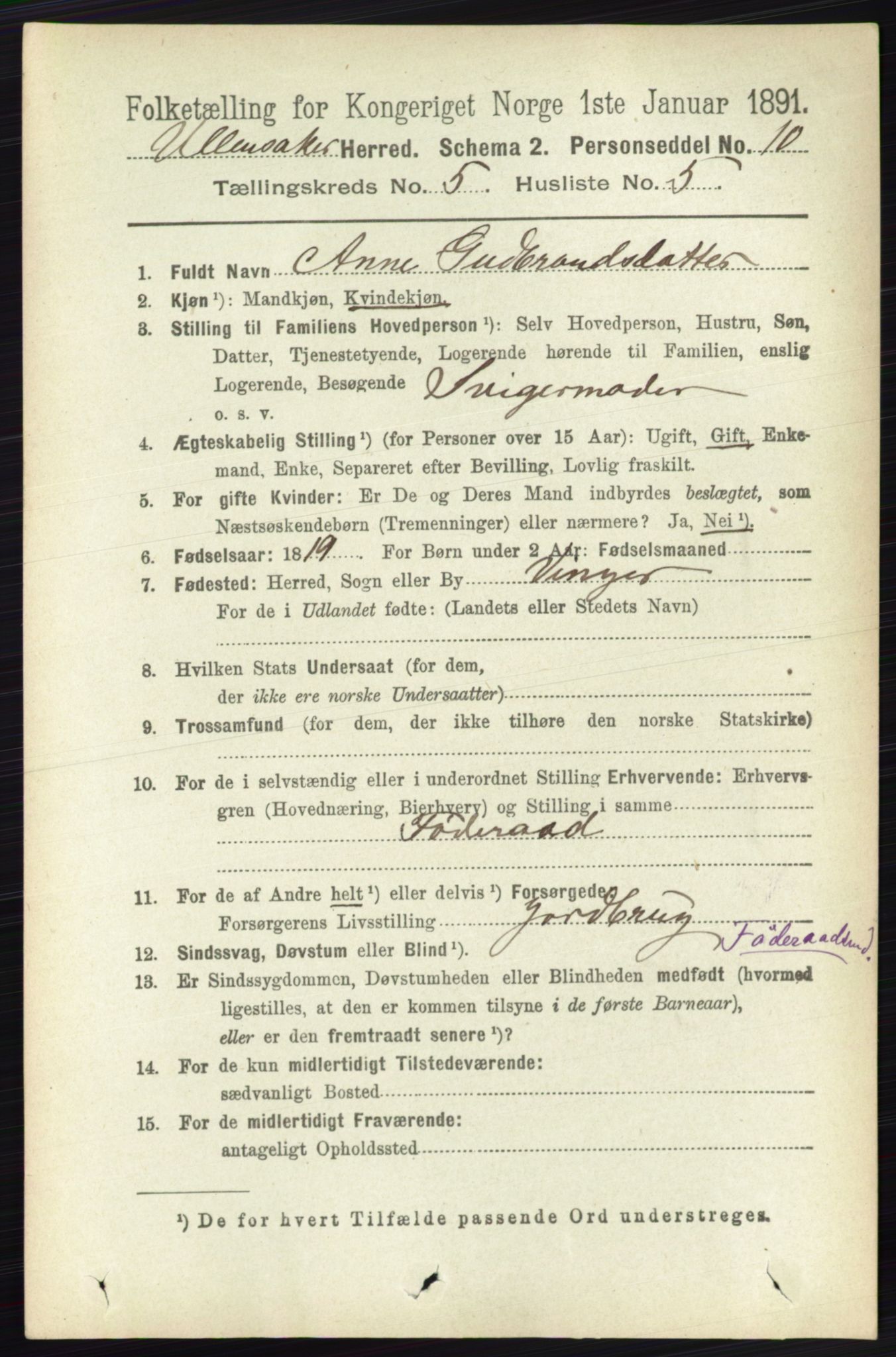 RA, 1891 census for 0235 Ullensaker, 1891, p. 2127