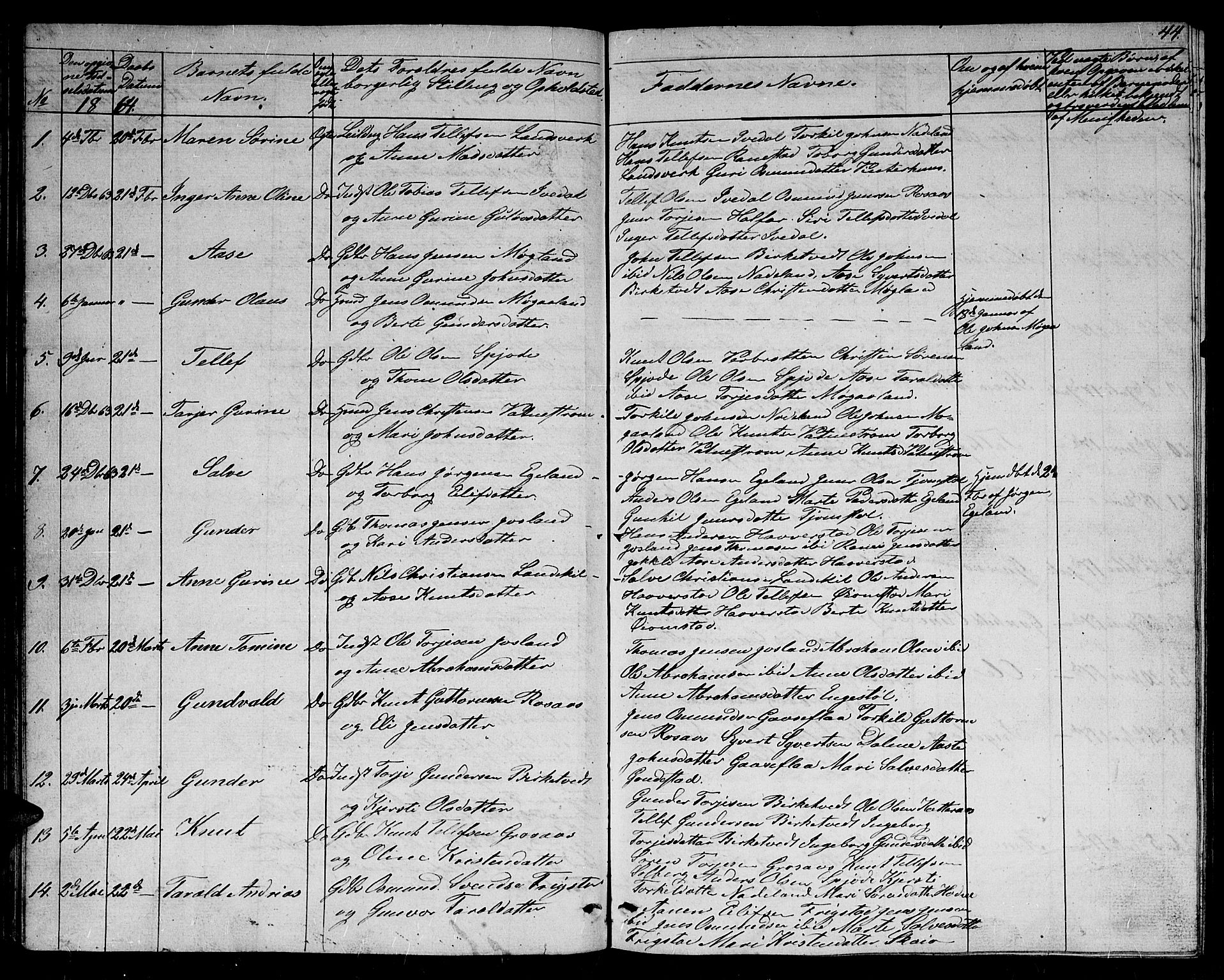 Evje sokneprestkontor, SAK/1111-0008/F/Fb/Fbc/L0002: Parish register (copy) no. B 2, 1849-1876, p. 44