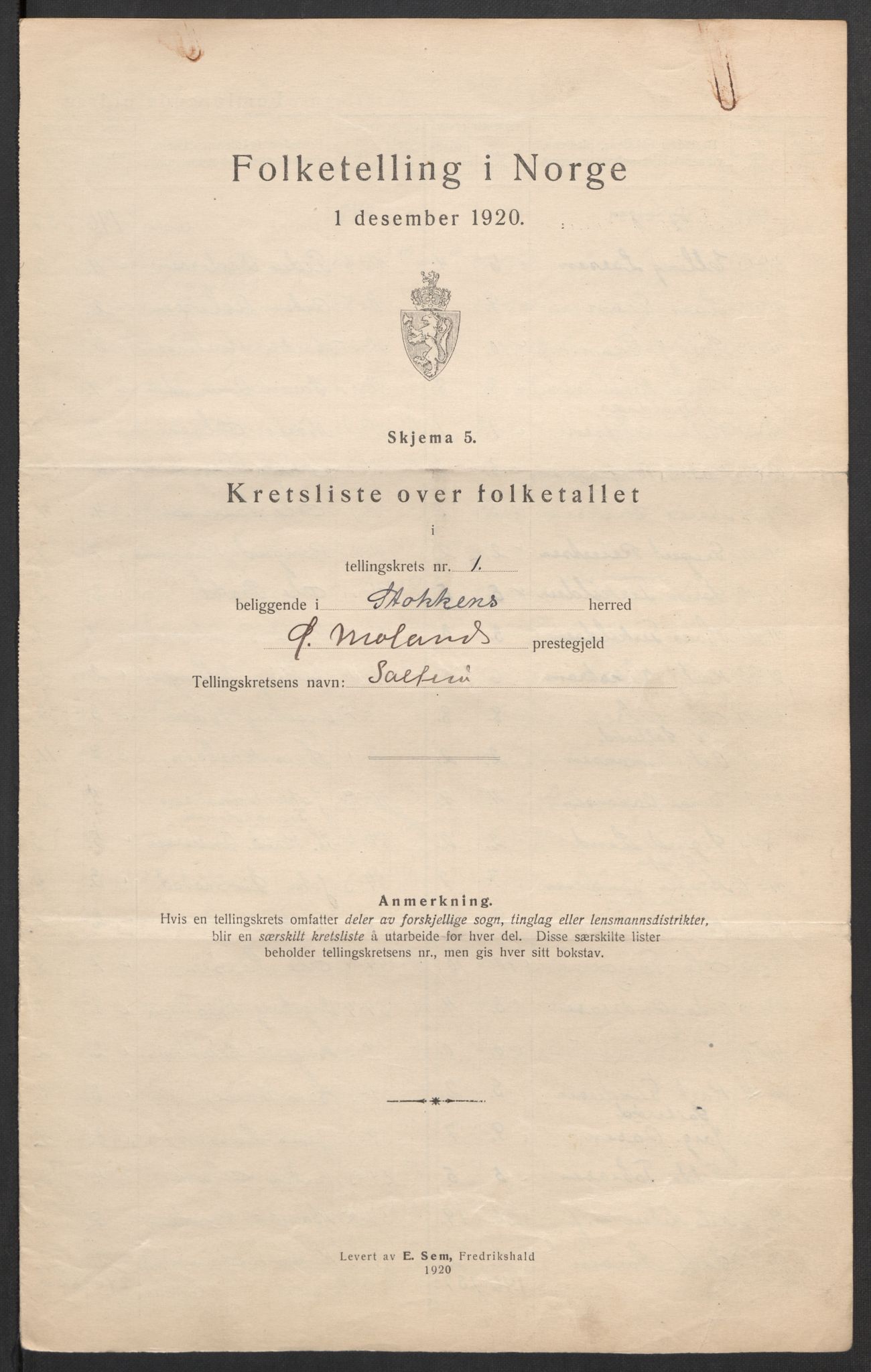 SAK, 1920 census for Stokken, 1920, p. 6