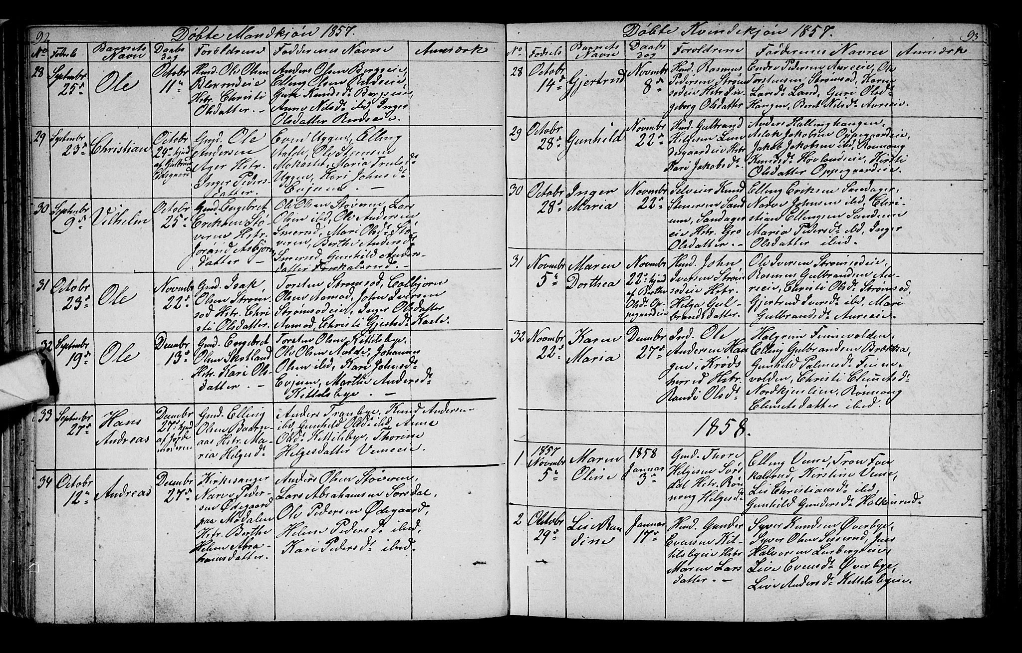 Lunder kirkebøker, AV/SAKO-A-629/G/Ga/L0002: Parish register (copy) no. I 2, 1849-1868, p. 92-93