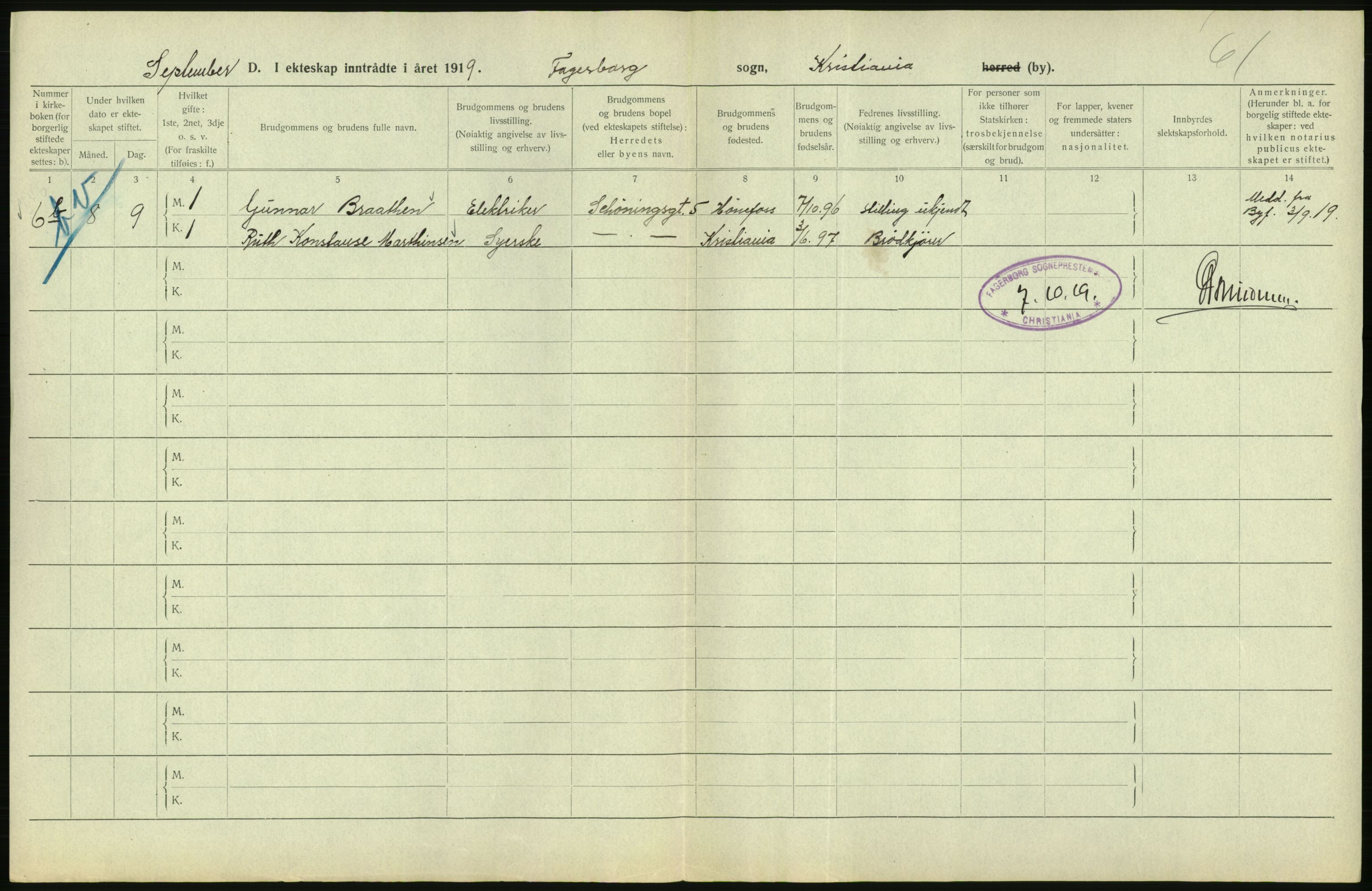 Statistisk sentralbyrå, Sosiodemografiske emner, Befolkning, AV/RA-S-2228/D/Df/Dfb/Dfbi/L0009: Kristiania: Gifte, 1919, p. 284