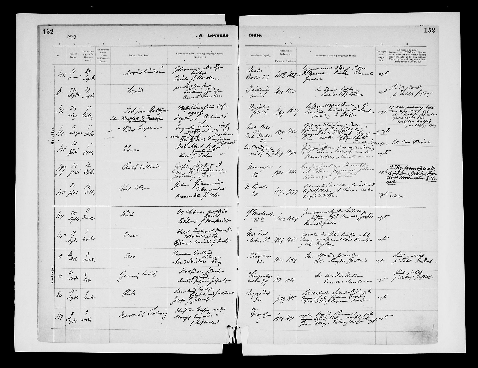 Ministerialprotokoller, klokkerbøker og fødselsregistre - Sør-Trøndelag, AV/SAT-A-1456/604/L0203: Parish register (official) no. 604A23, 1908-1916, p. 152