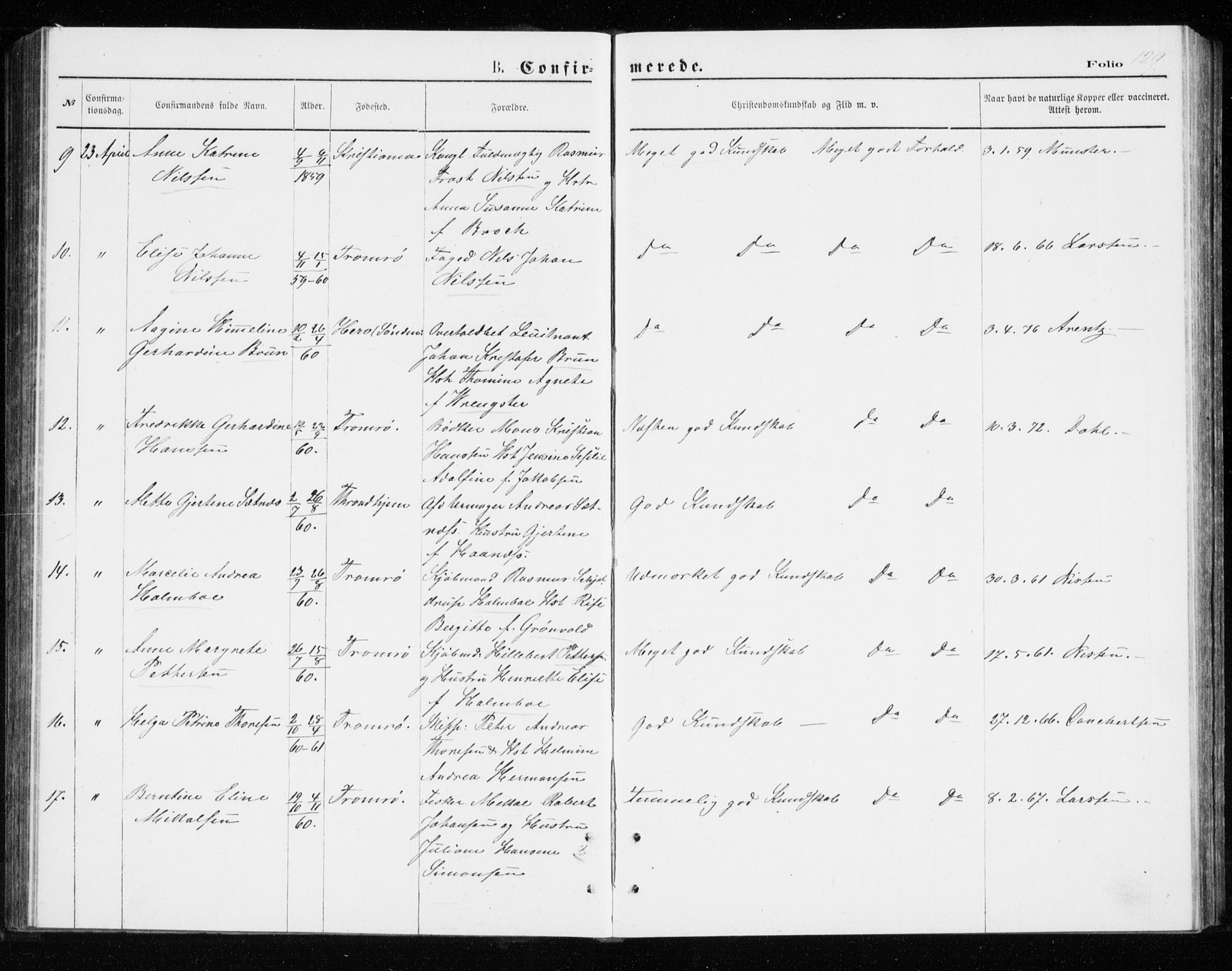 Tromsø sokneprestkontor/stiftsprosti/domprosti, AV/SATØ-S-1343/G/Gb/L0008klokker: Parish register (copy) no. 8, 1875-1879, p. 129