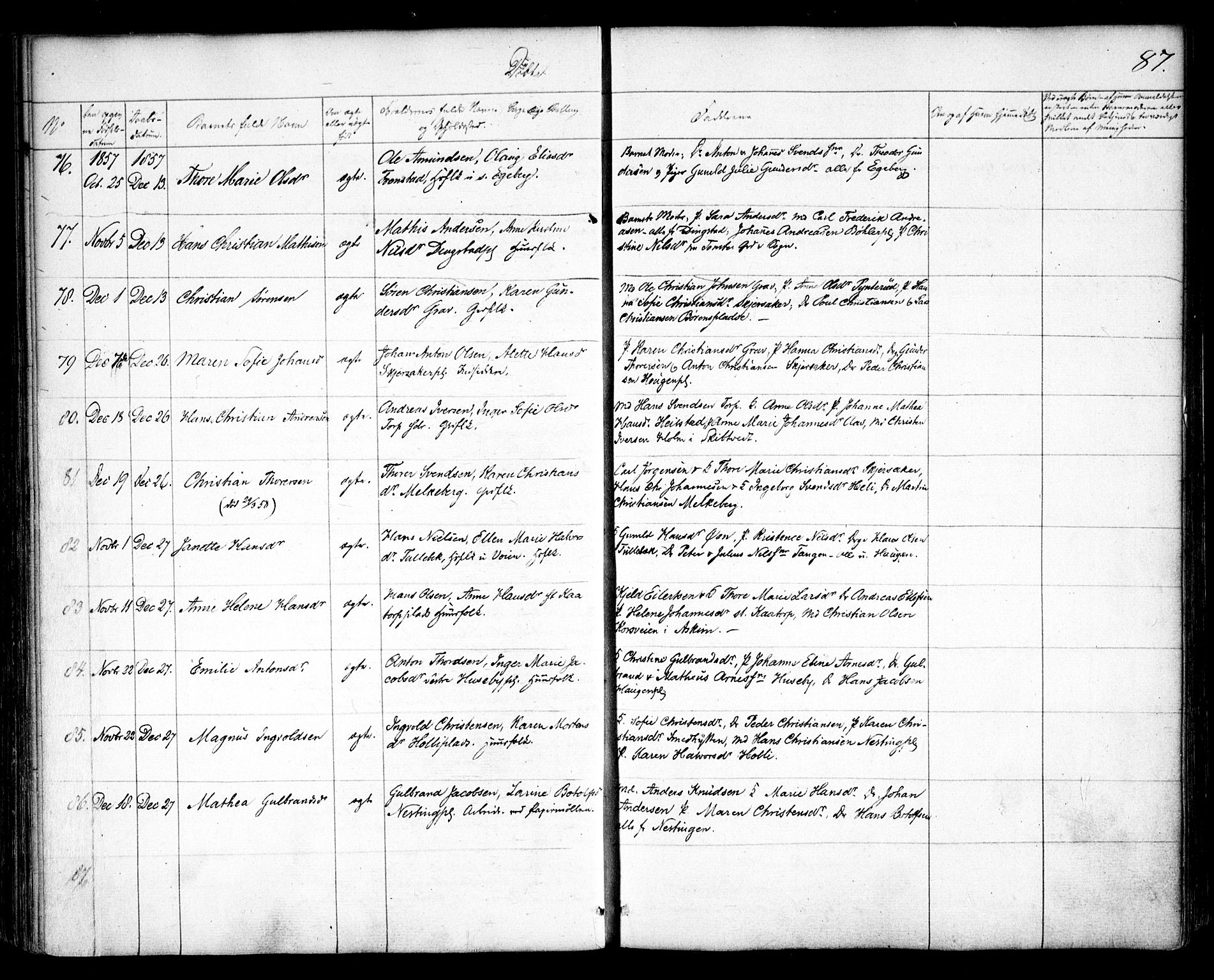 Spydeberg prestekontor Kirkebøker, AV/SAO-A-10924/F/Fa/L0005: Parish register (official) no. I 5, 1842-1862, p. 87