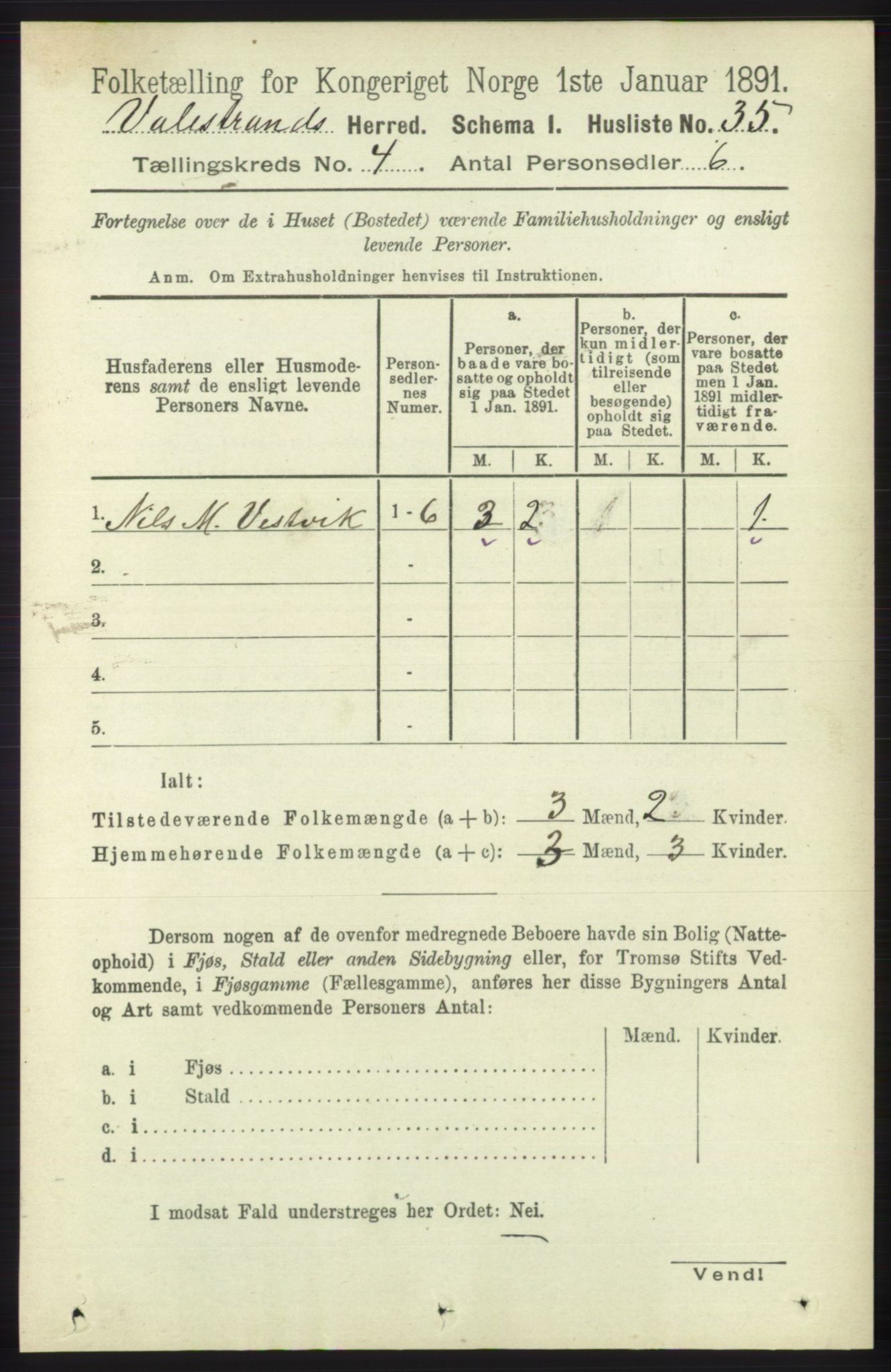 RA, 1891 census for 1217 Valestrand, 1891, p. 865