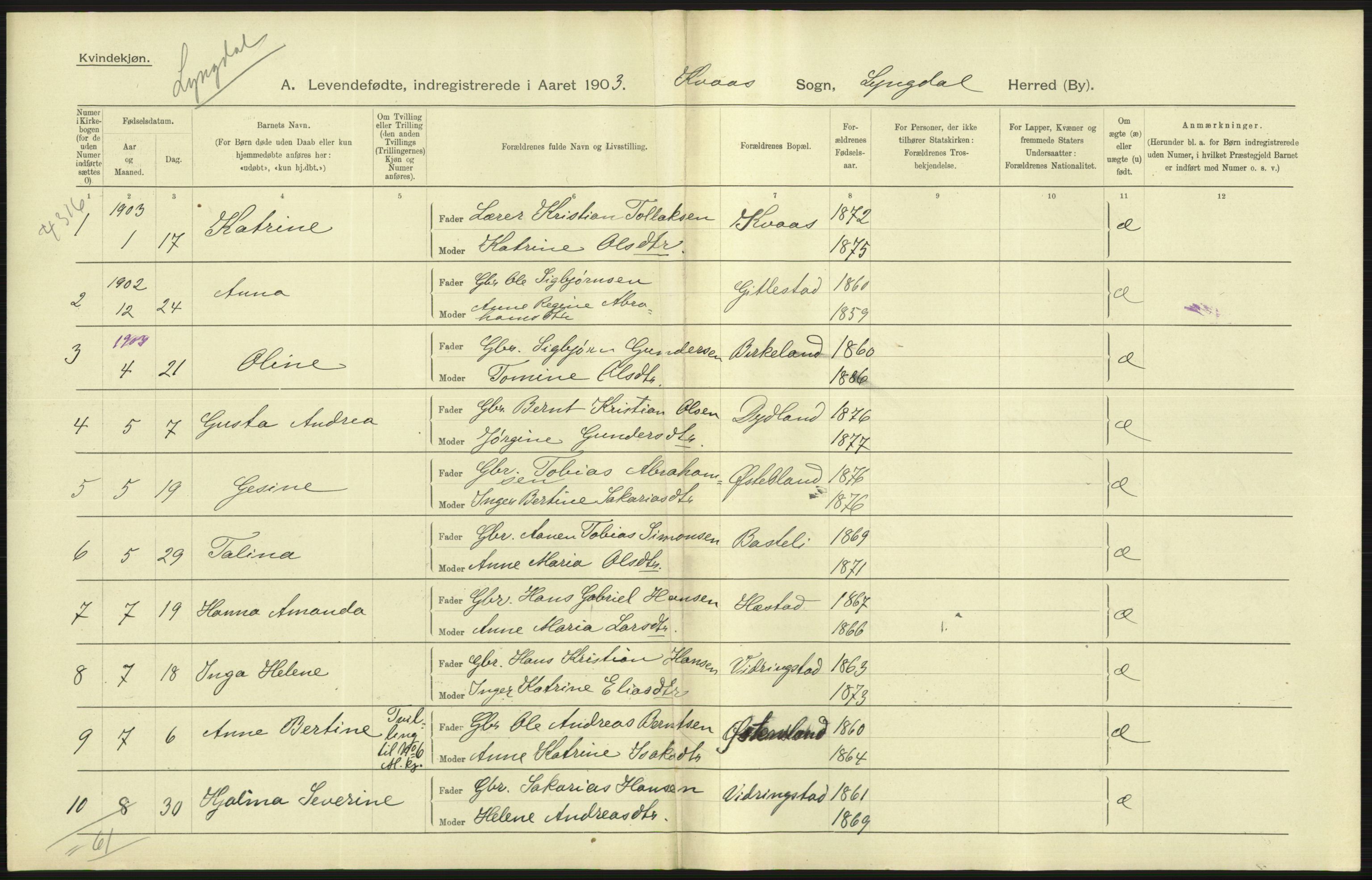 Statistisk sentralbyrå, Sosiodemografiske emner, Befolkning, AV/RA-S-2228/D/Df/Dfa/Dfaa/L0011: Lister og Mandal amt: Fødte, gifte, døde, 1903, p. 59