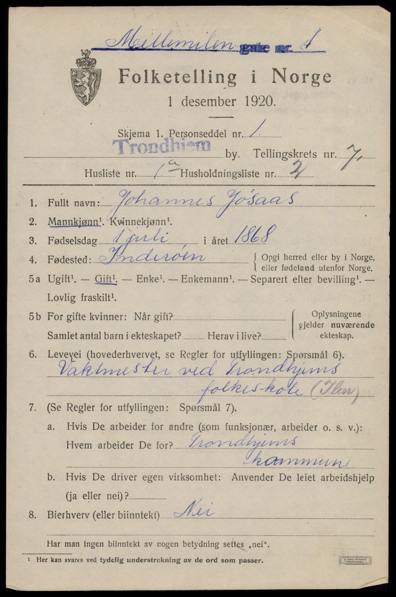 SAT, 1920 census for Trondheim, 1920, p. 41198