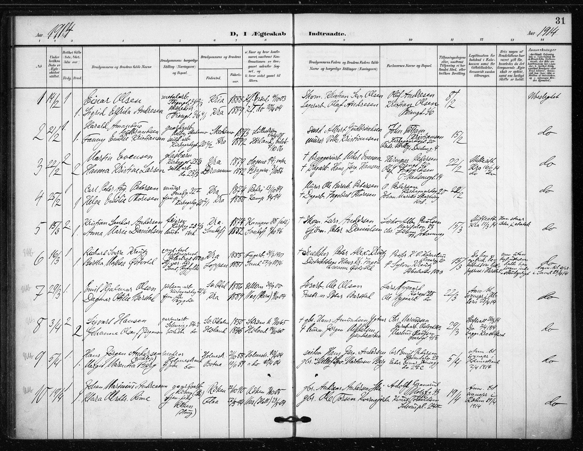 Tøyen prestekontor Kirkebøker, SAO/A-10167a/F/Fa/L0002: Parish register (official) no. 2, 1907-1916, p. 31