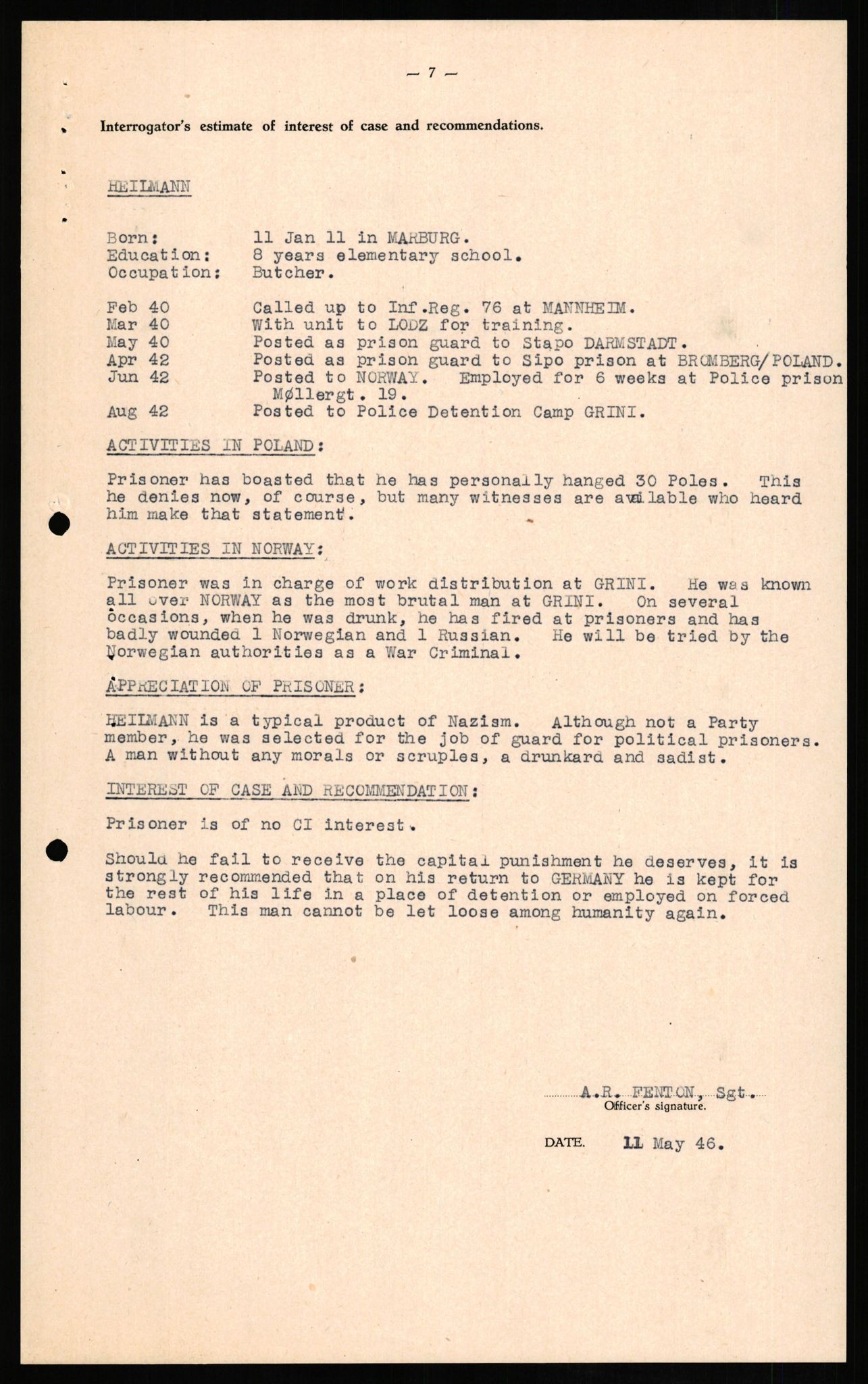 Forsvaret, Forsvarets overkommando II, AV/RA-RAFA-3915/D/Db/L0012: CI Questionaires. Tyske okkupasjonsstyrker i Norge. Tyskere., 1945-1946, p. 226