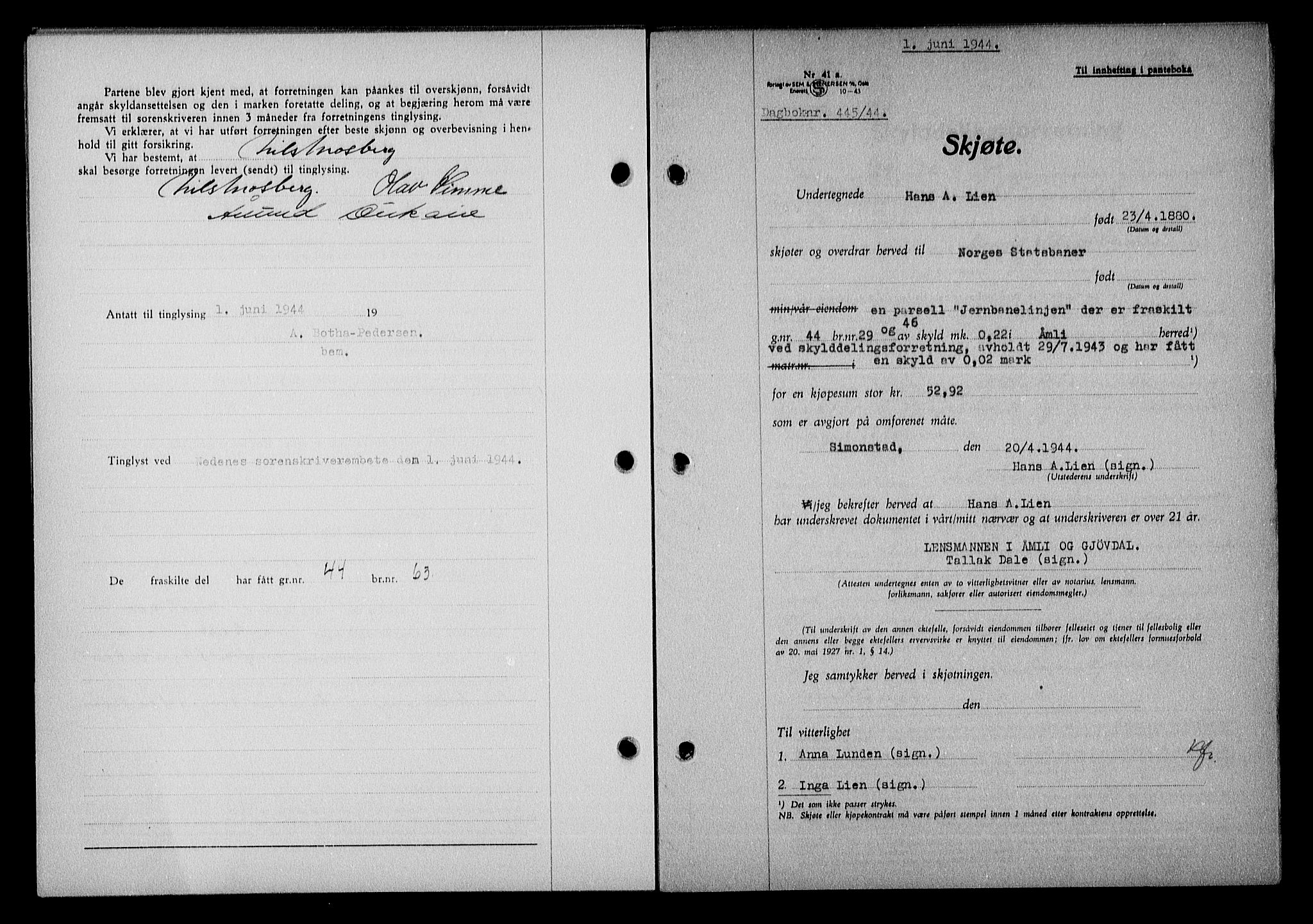 Nedenes sorenskriveri, SAK/1221-0006/G/Gb/Gba/L0051: Mortgage book no. A-V, 1943-1944, Diary no: : 445/1944