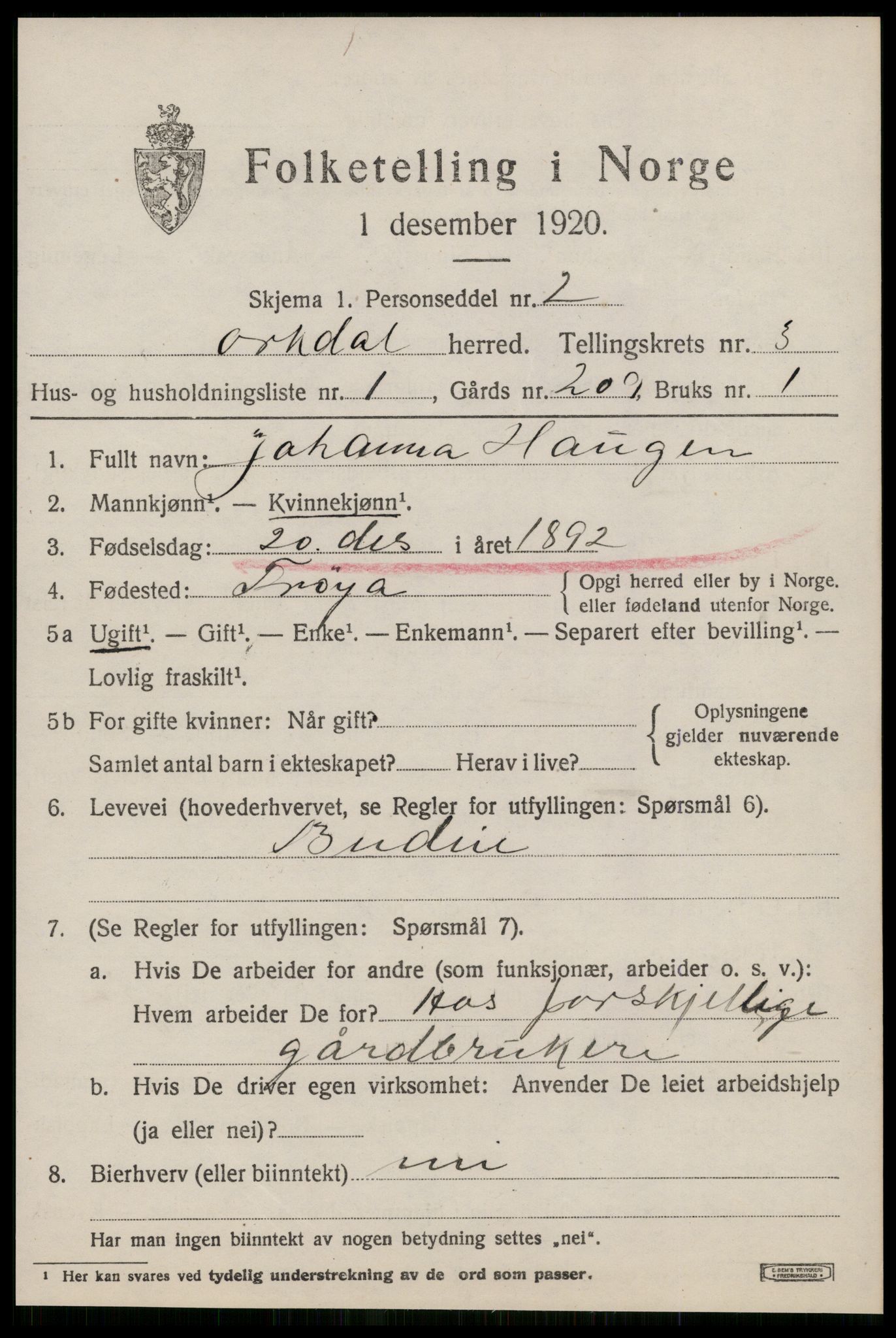 SAT, 1920 census for Orkdal, 1920, p. 3128