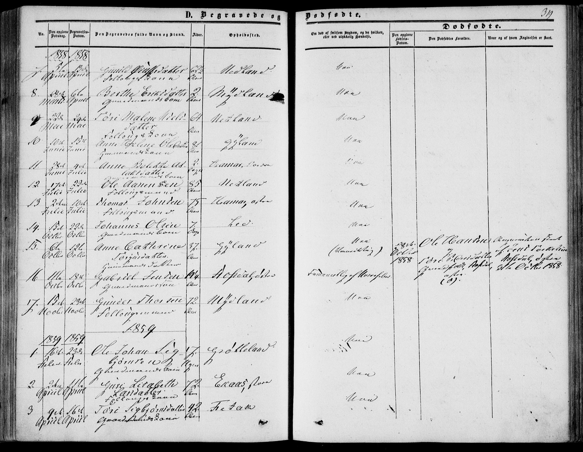 Bakke sokneprestkontor, SAK/1111-0002/F/Fa/Fab/L0002: Parish register (official) no. A 2, 1855-1884, p. 319