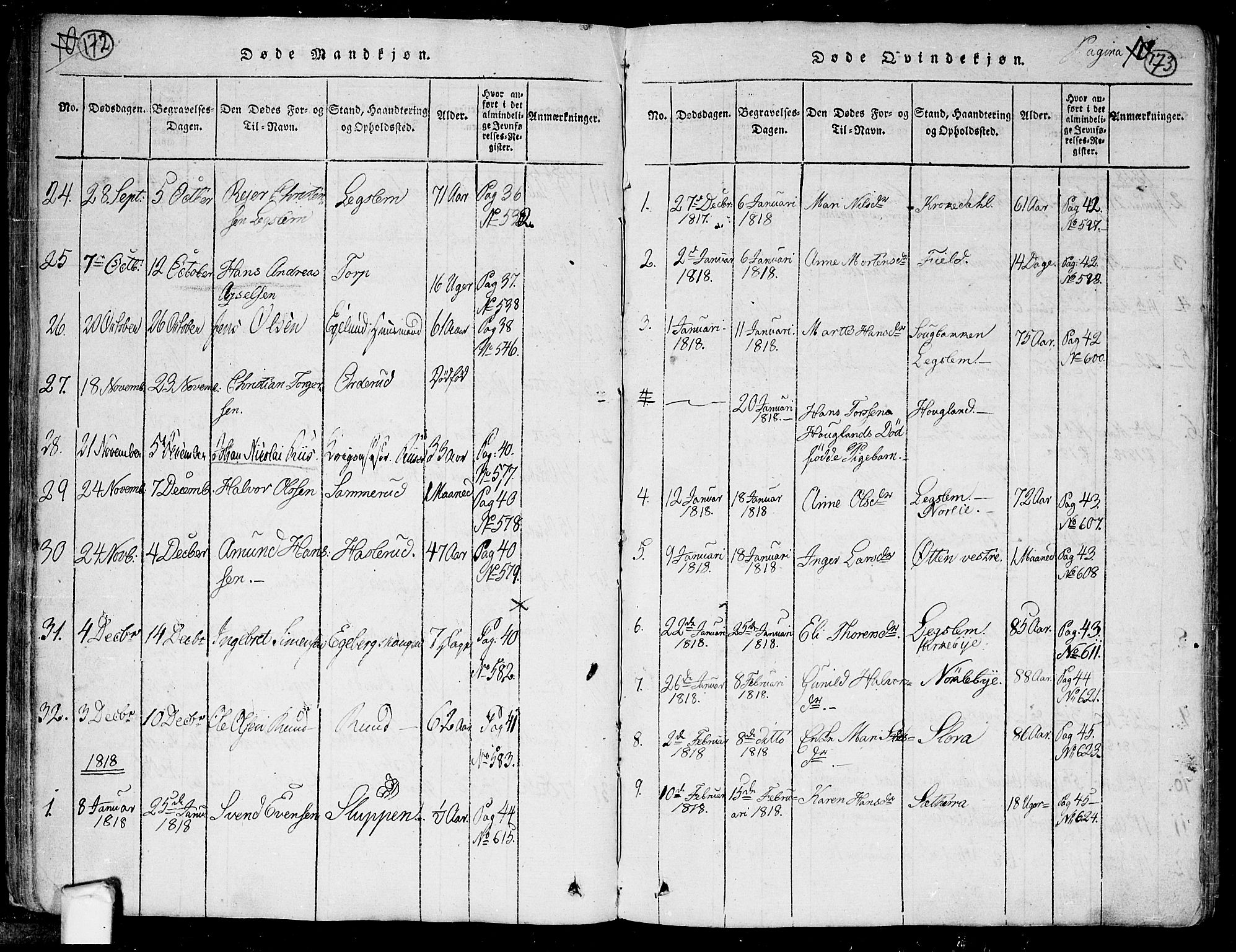 Trøgstad prestekontor Kirkebøker, AV/SAO-A-10925/F/Fa/L0006: Parish register (official) no. I 6, 1815-1844, p. 172-173