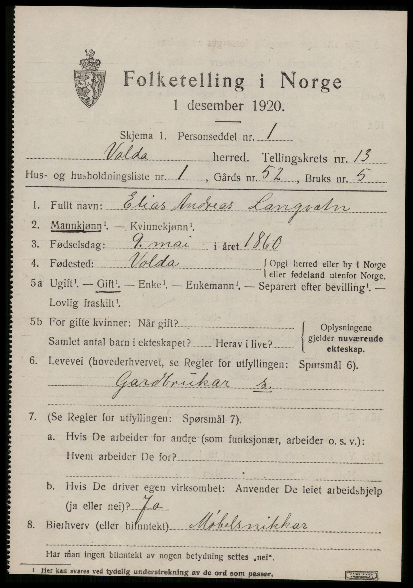 SAT, 1920 census for Volda, 1920, p. 8356