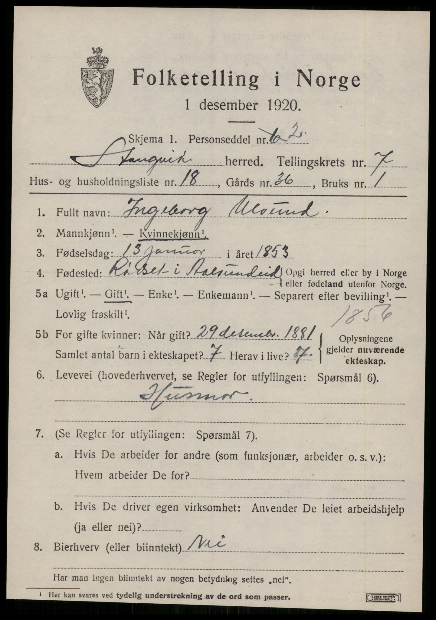 SAT, 1920 census for Stangvik, 1920, p. 4532