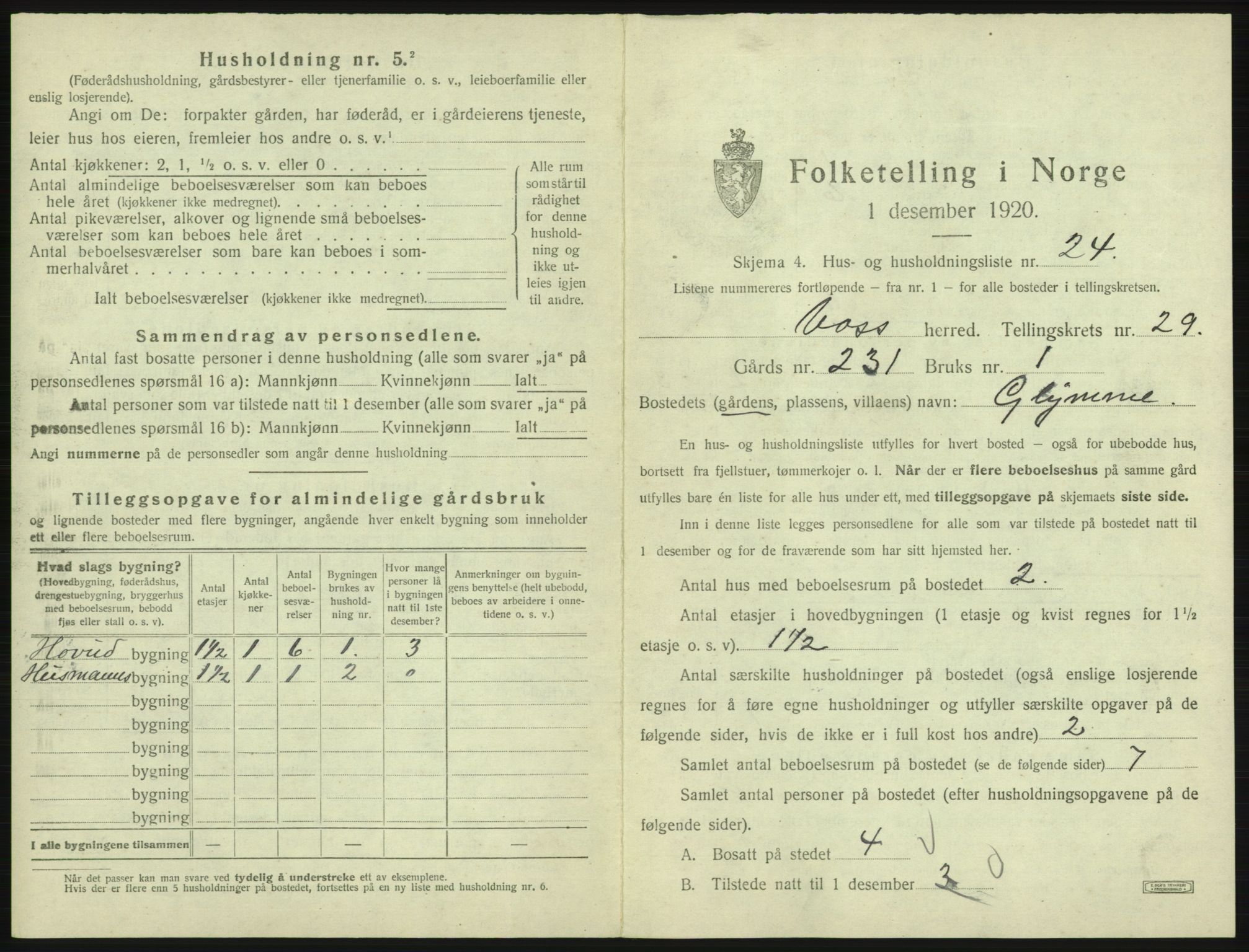 SAB, 1920 census for Voss, 1920, p. 2613