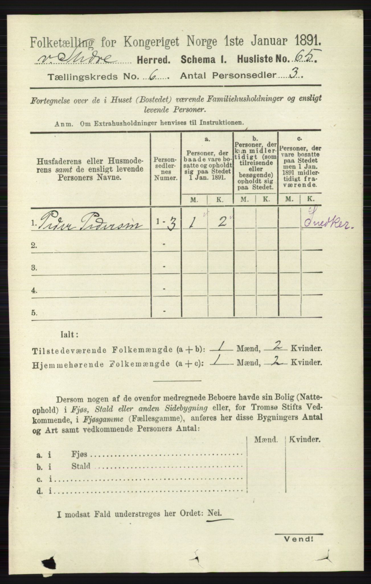 RA, 1891 census for 0543 Vestre Slidre, 1891, p. 2054