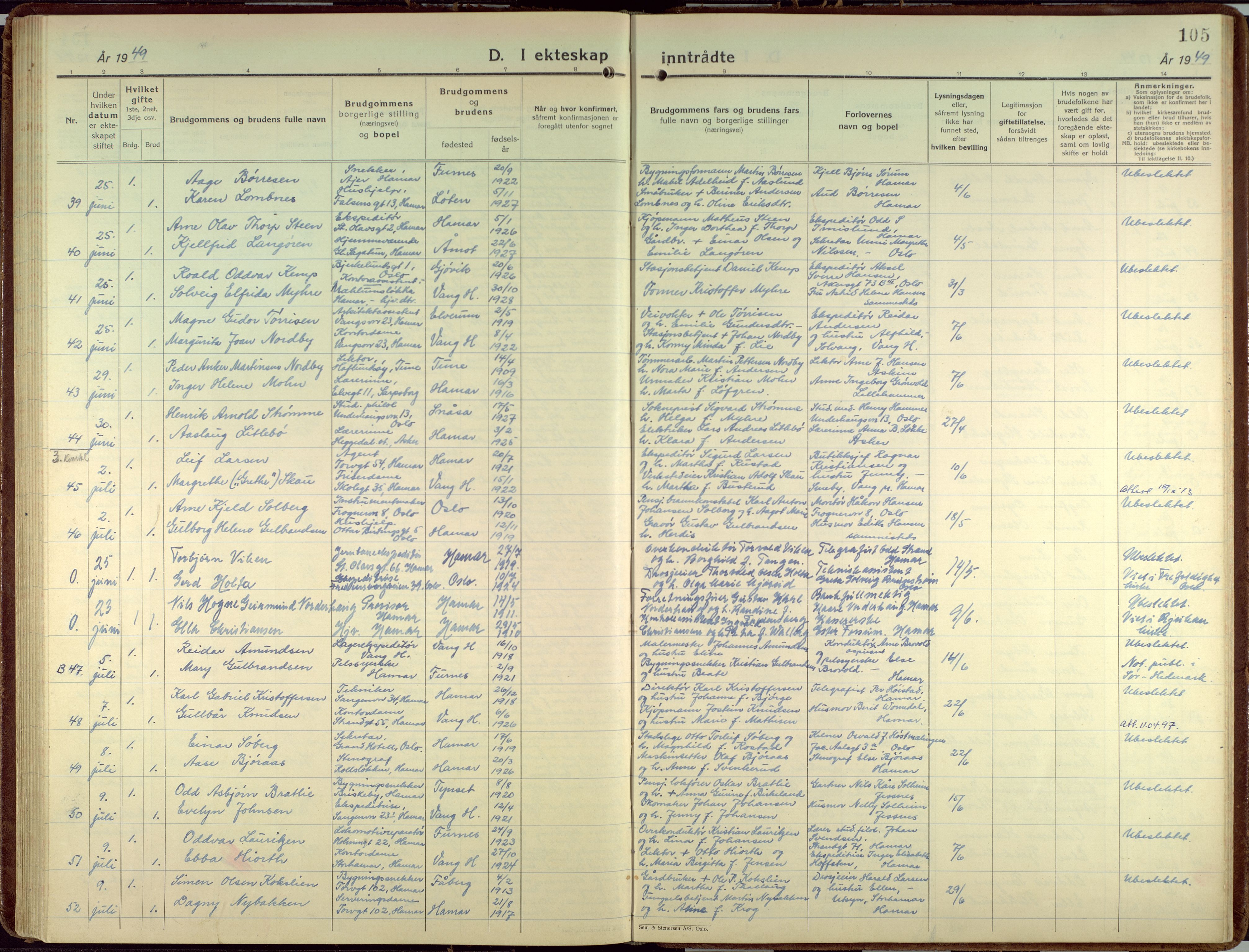 Hamar prestekontor, AV/SAH-DOMPH-002/H/Ha/Haa/L0006: Parish register (official) no. 6, 1931-1953, p. 105