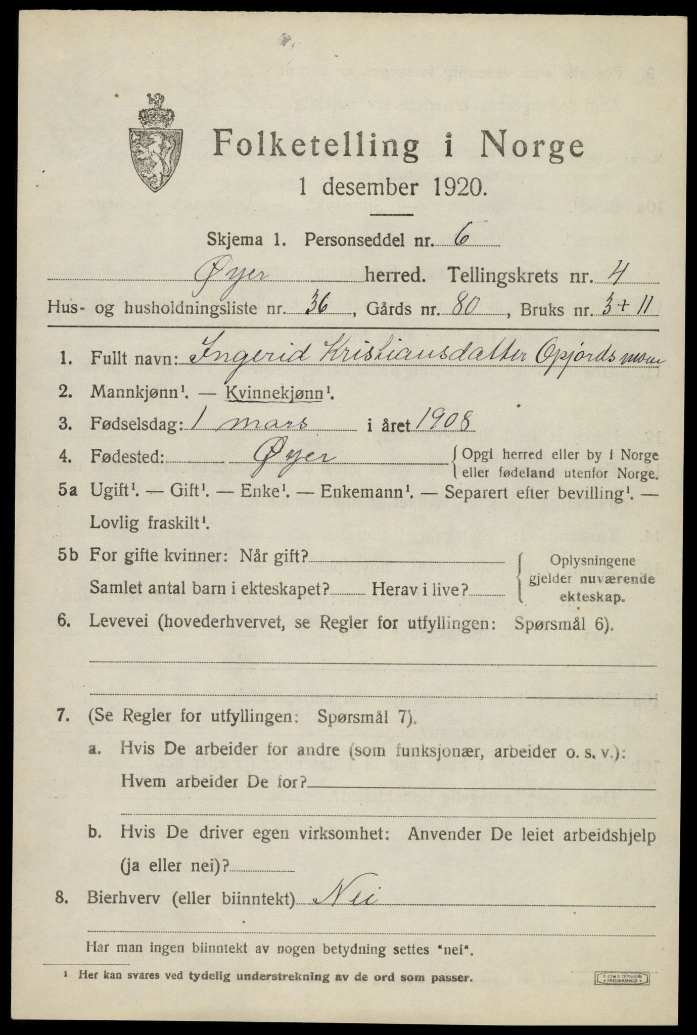 SAH, 1920 census for Øyer, 1920, p. 4271