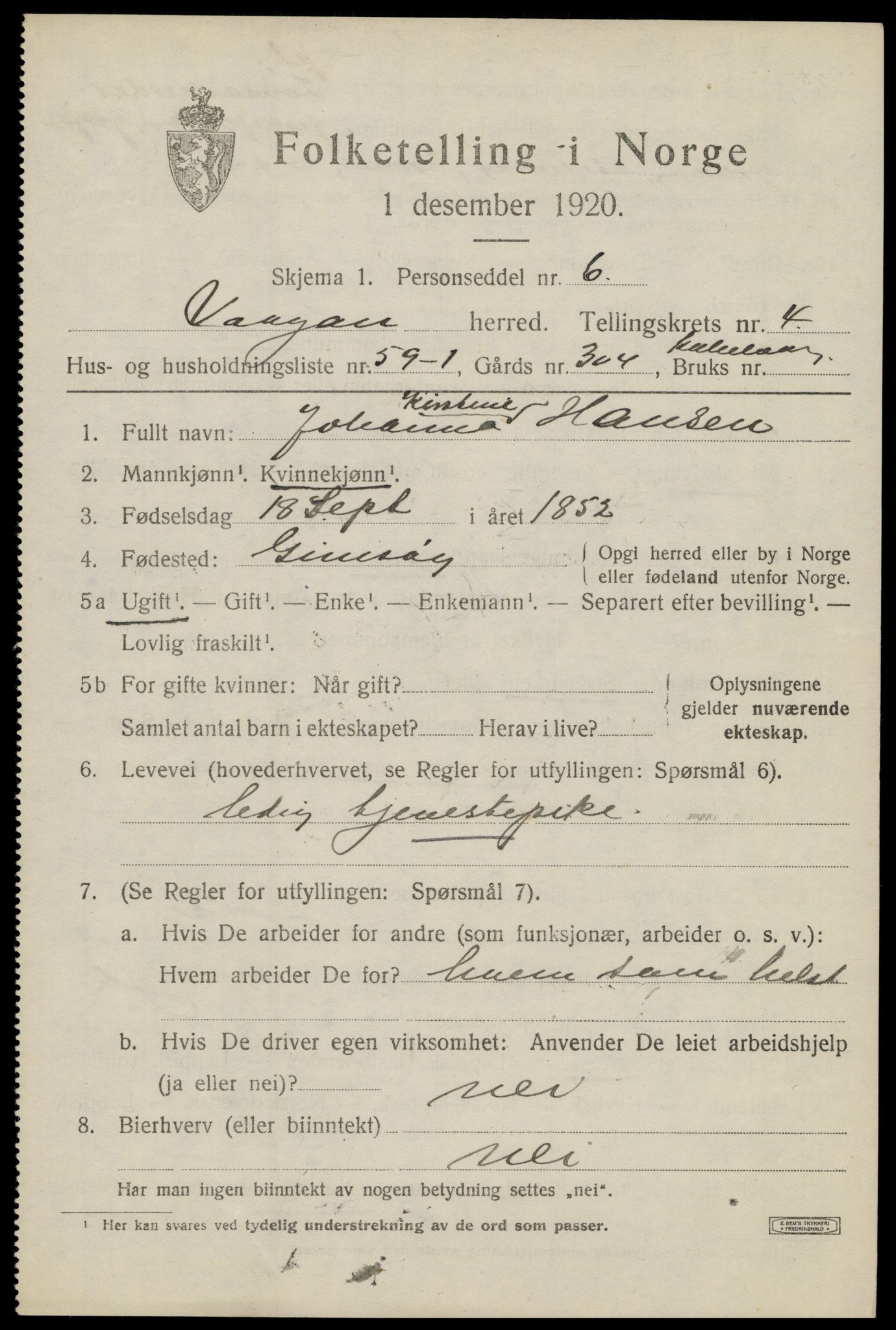 SAT, 1920 census for Vågan, 1920, p. 3947