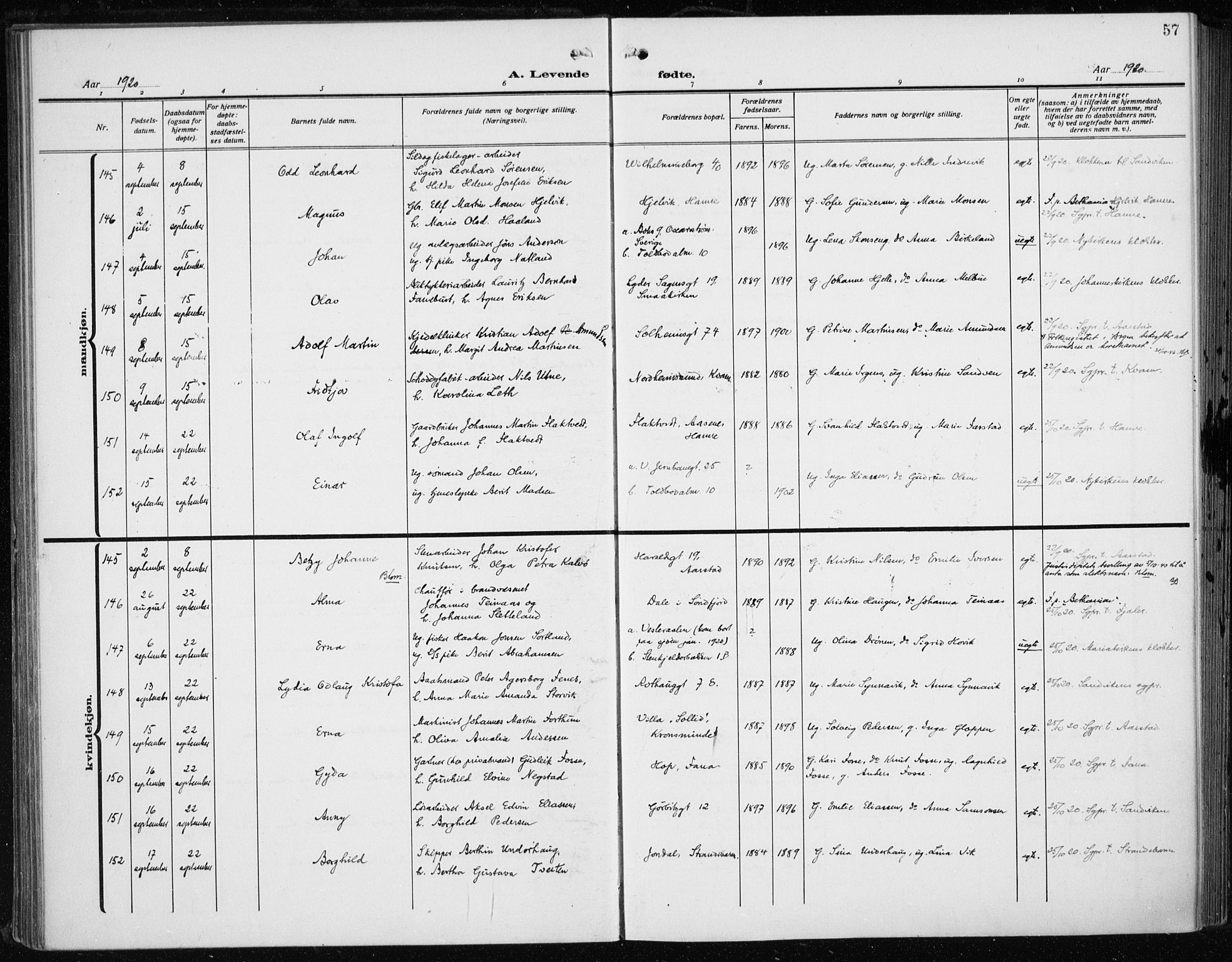 Fødselsstiftelsens sokneprestembete*, SAB/-: Parish register (official) no. A 5, 1918-1926, p. 57