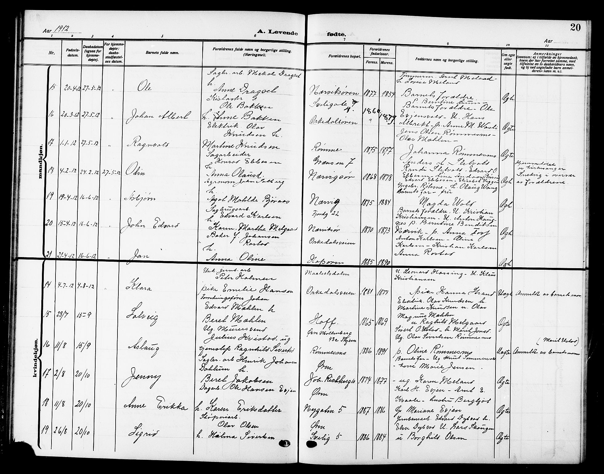 Ministerialprotokoller, klokkerbøker og fødselsregistre - Sør-Trøndelag, SAT/A-1456/669/L0831: Parish register (copy) no. 669C01, 1909-1924, p. 20