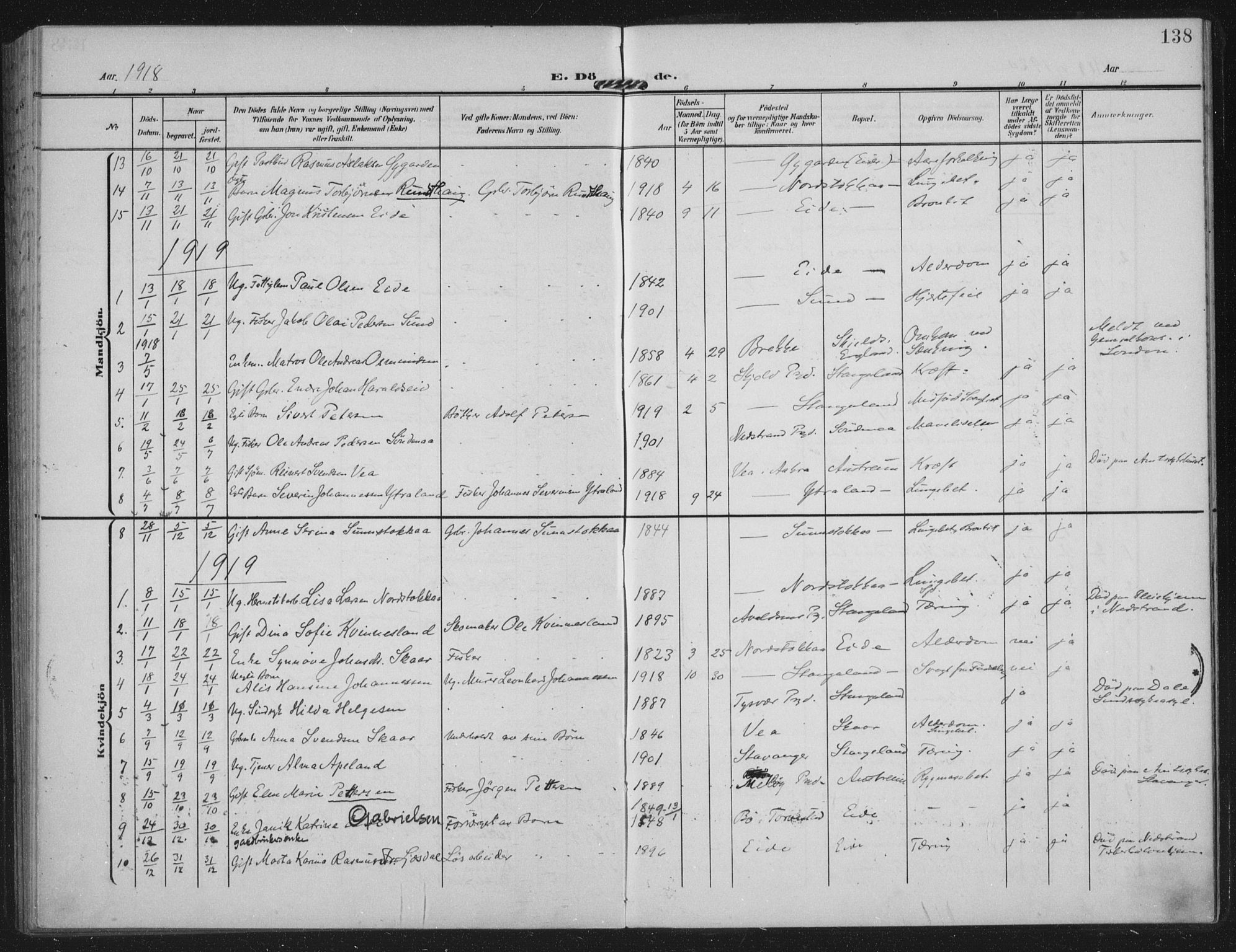 Kopervik sokneprestkontor, AV/SAST-A-101850/H/Ha/Haa/L0003: Parish register (official) no. A 3, 1906-1924, p. 138