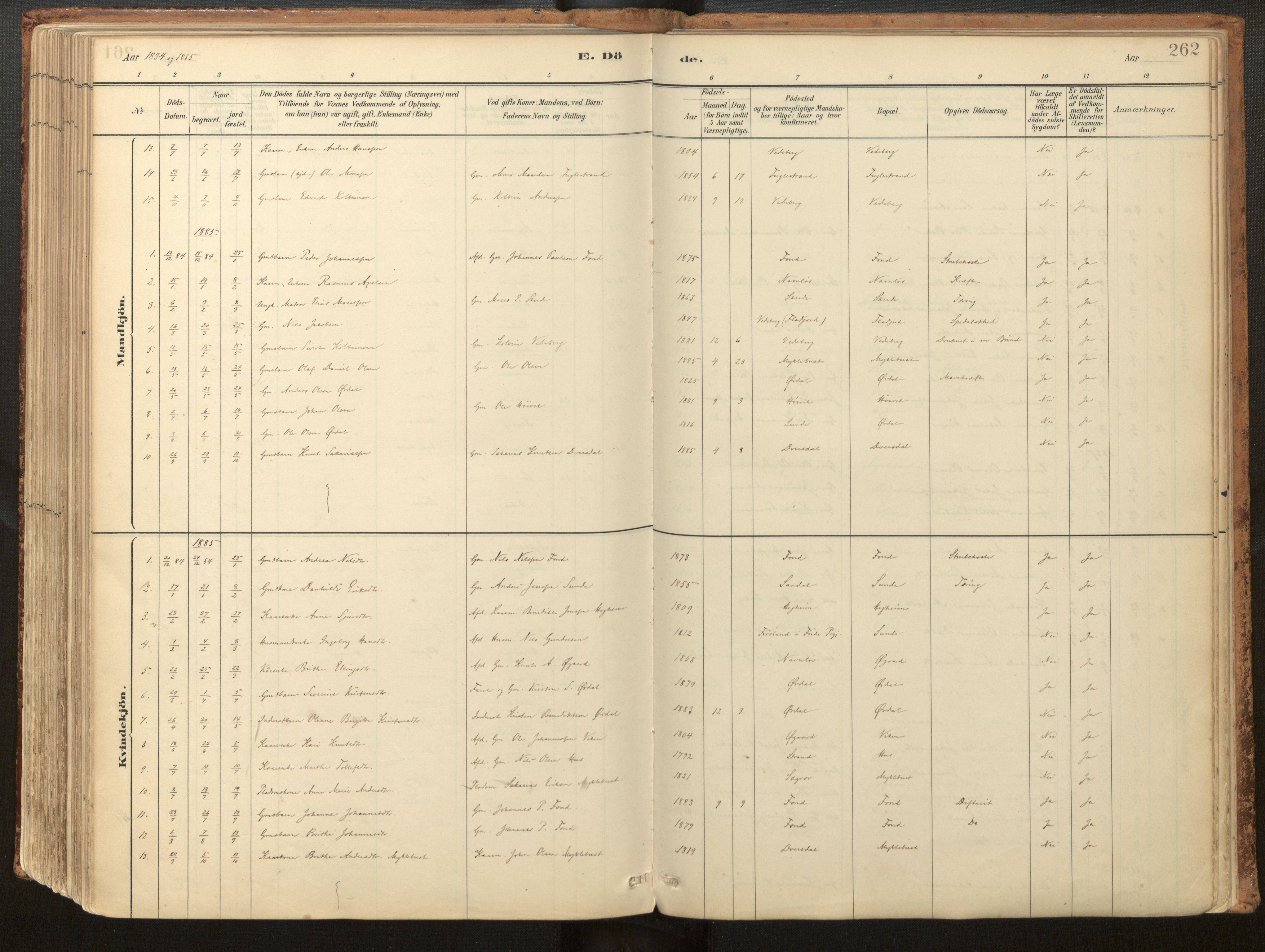 Jølster sokneprestembete, AV/SAB-A-80701/H/Haa/Haac/L0001: Parish register (official) no. C 1, 1882-1928, p. 262