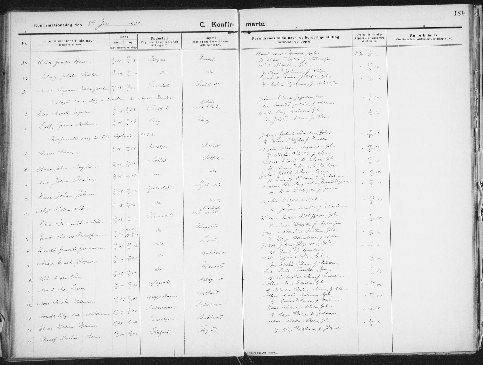 Lenvik sokneprestembete, AV/SATØ-S-1310/H/Ha/Haa/L0016kirke: Parish register (official) no. 16, 1910-1924, p. 189