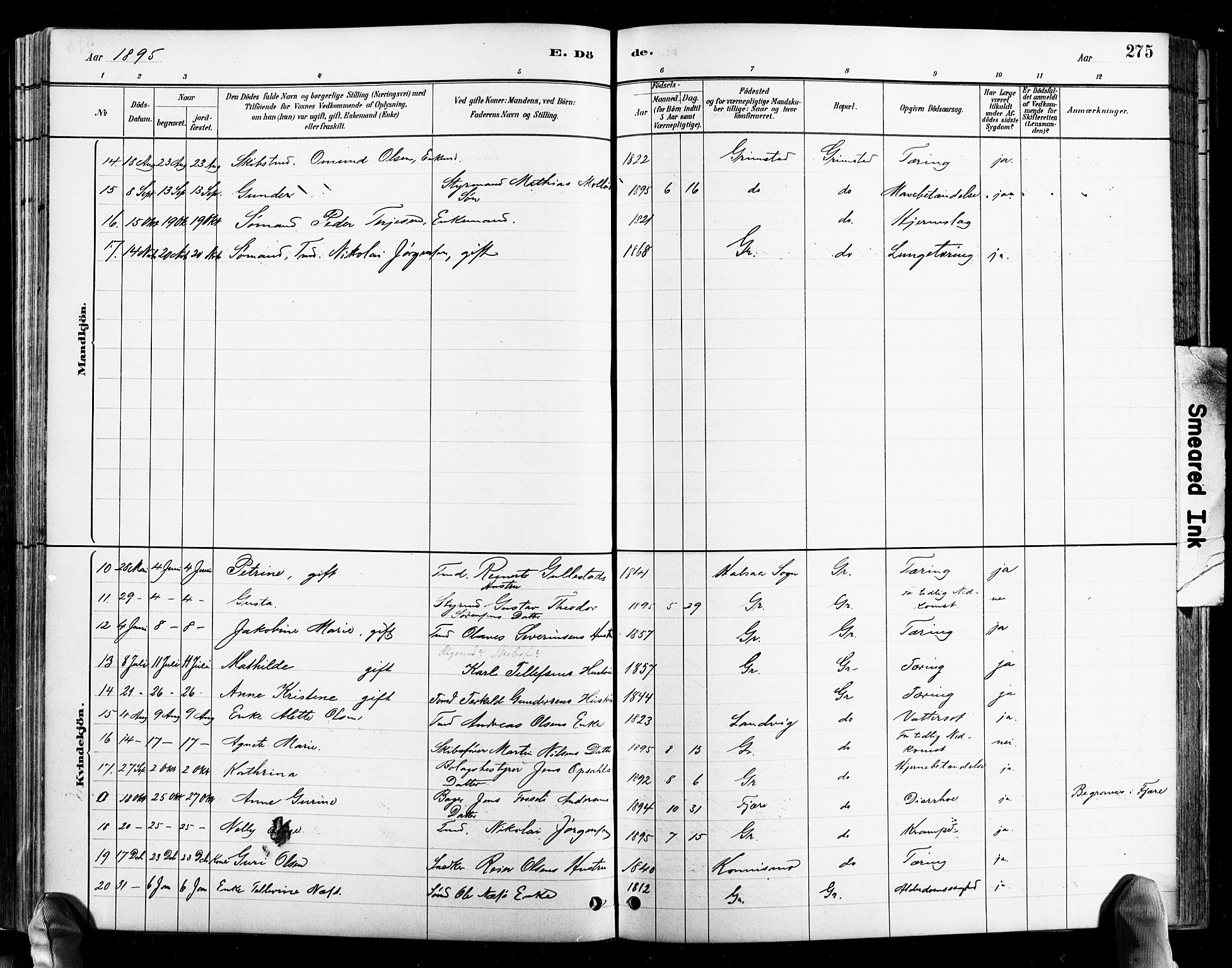 Grimstad sokneprestkontor, AV/SAK-1111-0017/F/Fb/L0001: Parish register (copy) no. B 1, 1881-1922, p. 275