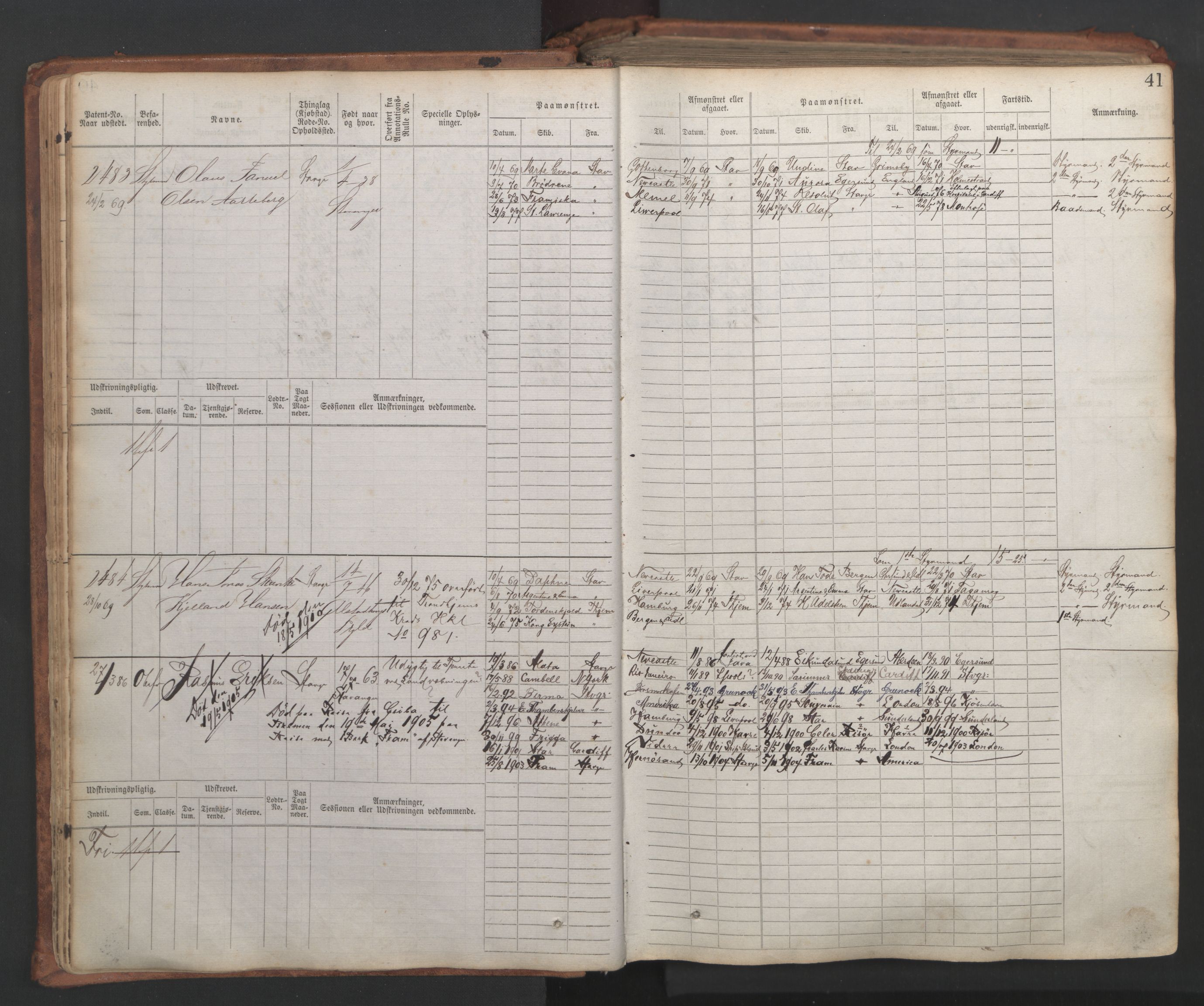 Stavanger sjømannskontor, AV/SAST-A-102006/F/Fb/Fbb/L0007: Sjøfartshovedrulle, patentnr. 2403-3604, 1869-1880, p. 46