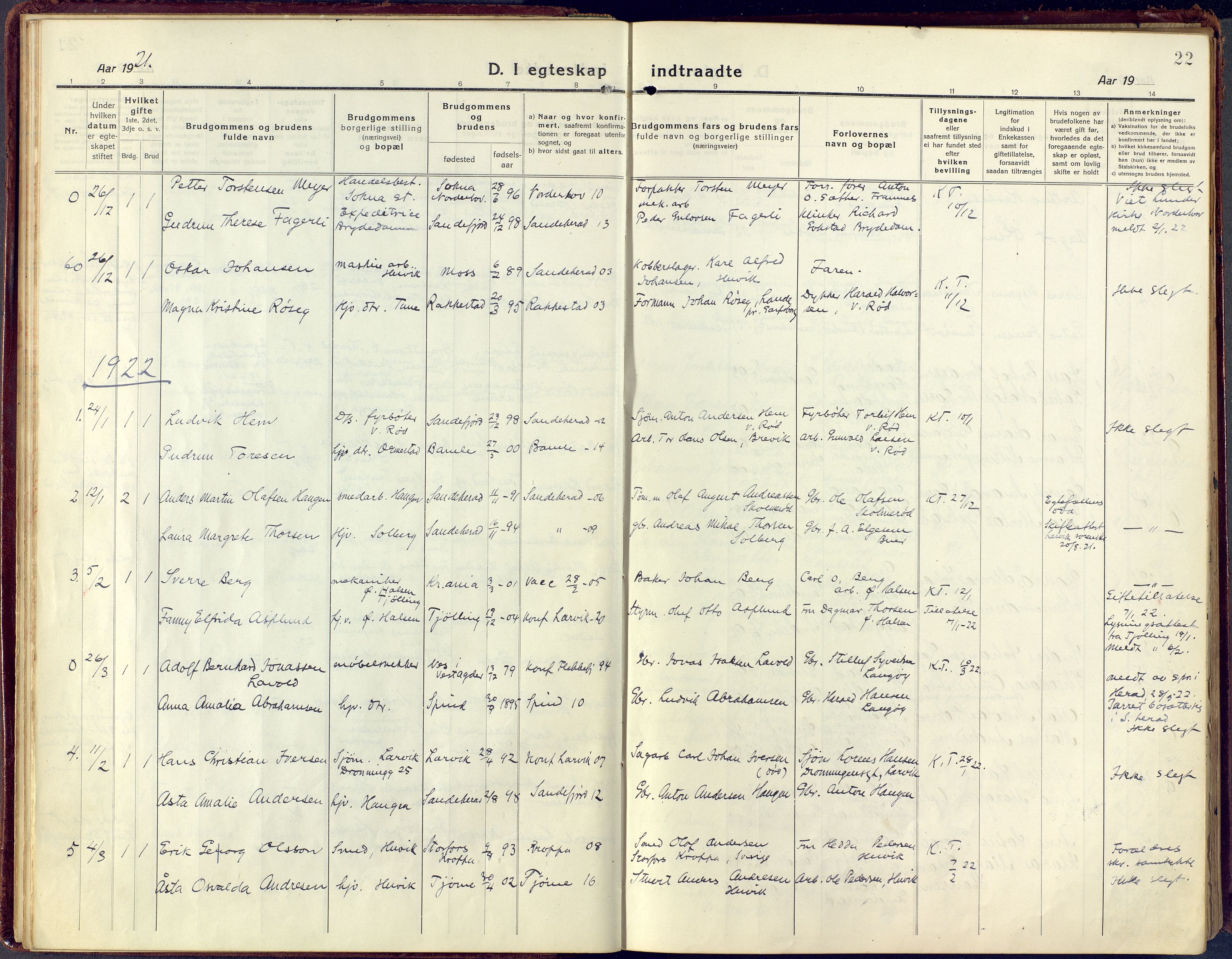 Sandar kirkebøker, SAKO/A-243/F/Fa/L0021: Parish register (official) no. 21, 1919-1925, p. 22