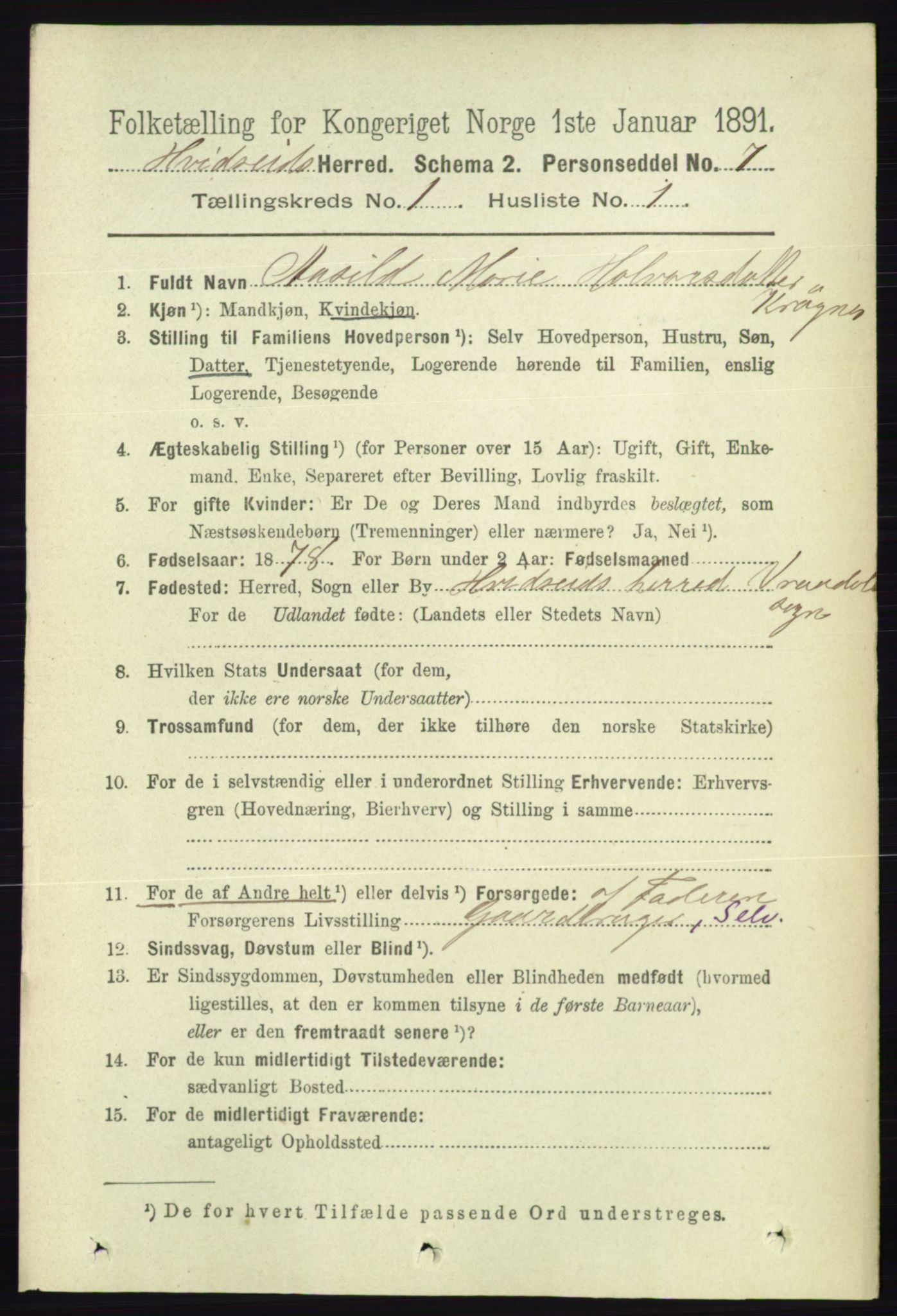 RA, 1891 census for 0829 Kviteseid, 1891, p. 83