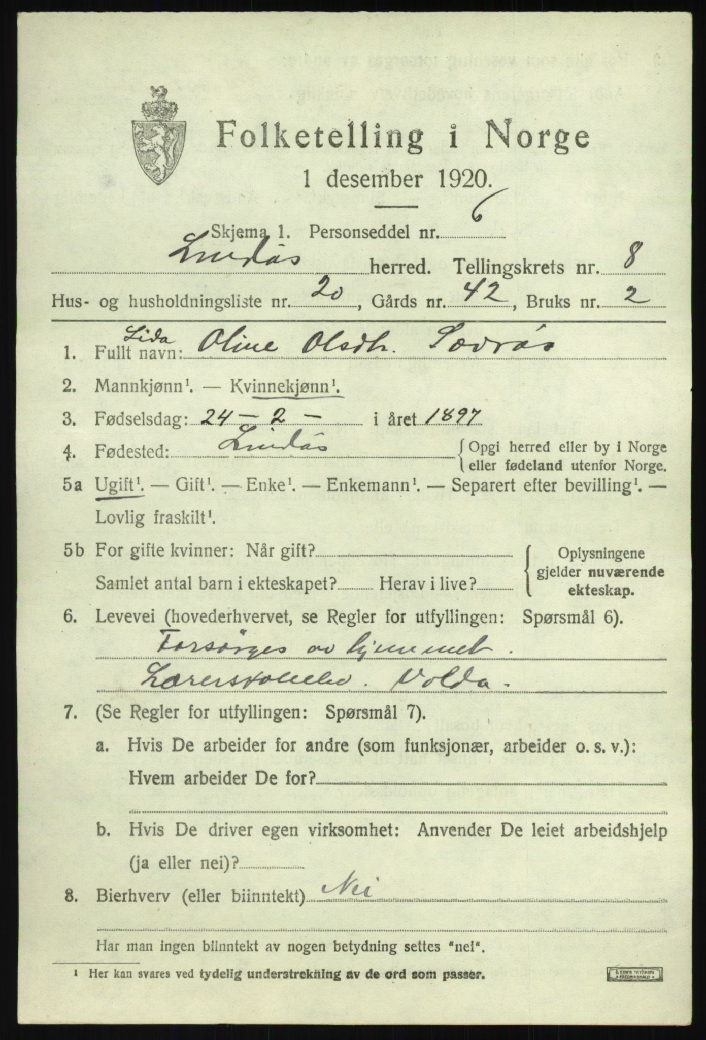 SAB, 1920 census for Lindås, 1920, p. 4525
