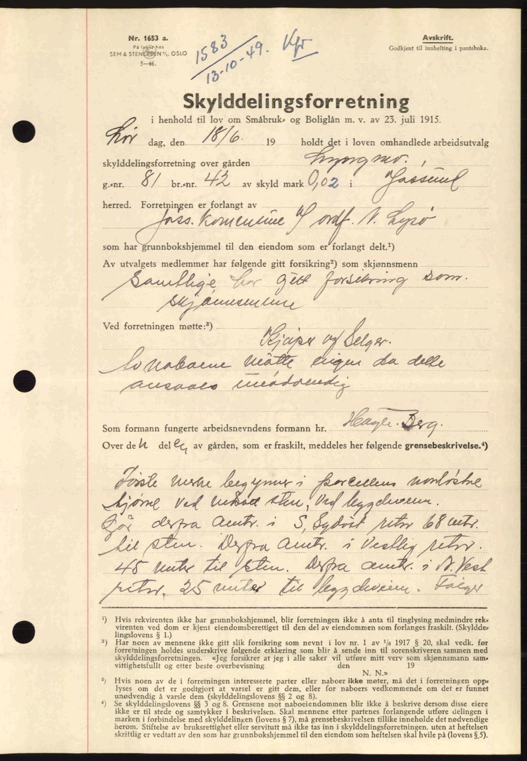Fosen sorenskriveri, AV/SAT-A-1107/1/2/2C: Mortgage book no. A10, 1949-1950, Diary no: : 1583/1949