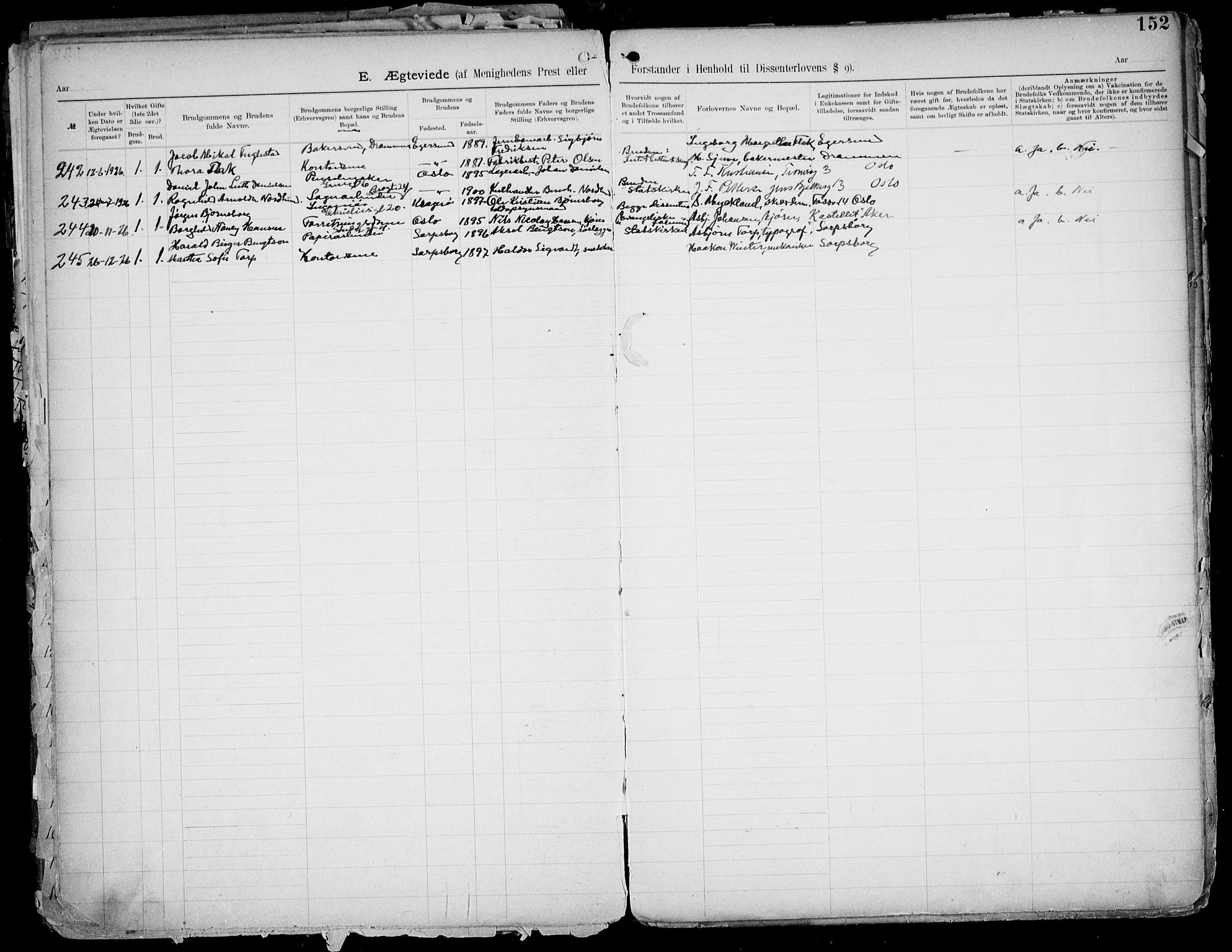 Første Metodistkirke Oslo -  menighetsprotokoller, SAO/PAO-0067/F/L0004: Dissenter register no. 4, 1892-1927, p. 152