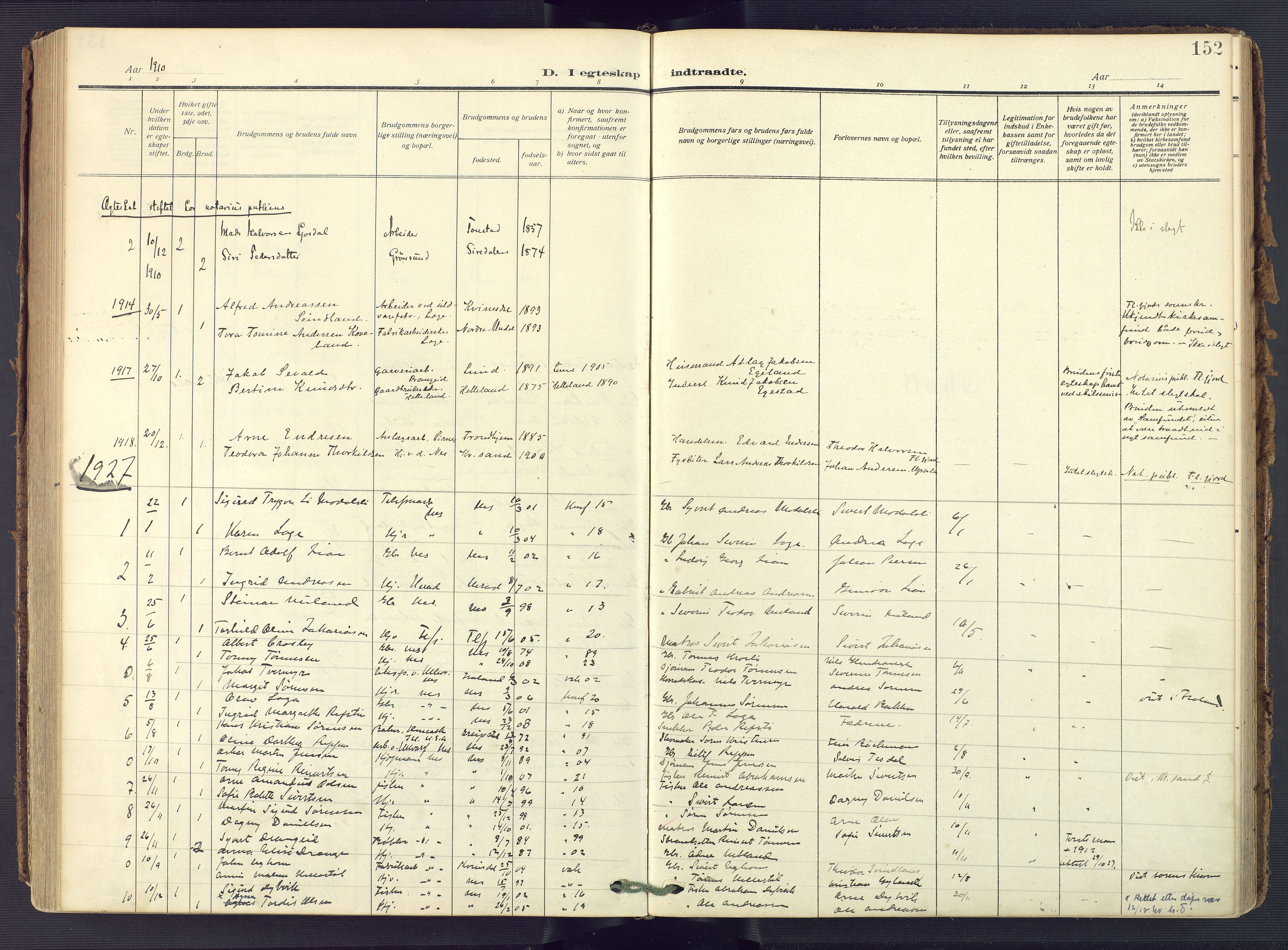 Flekkefjord sokneprestkontor, SAK/1111-0012/F/Fa/Fac/L0010: Parish register (official) no. A 10, 1910-1927, p. 152