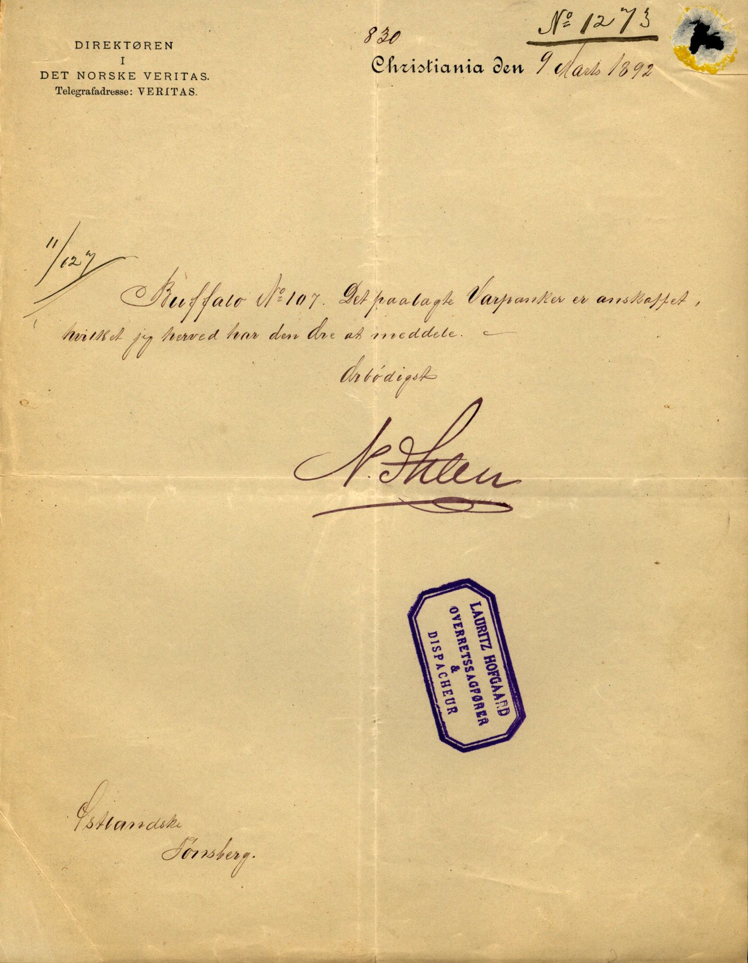 Pa 63 - Østlandske skibsassuranceforening, VEMU/A-1079/G/Ga/L0029/0009: Havaridokumenter / Anette, Agathe, Agra, Buffalo, 1893, p. 83